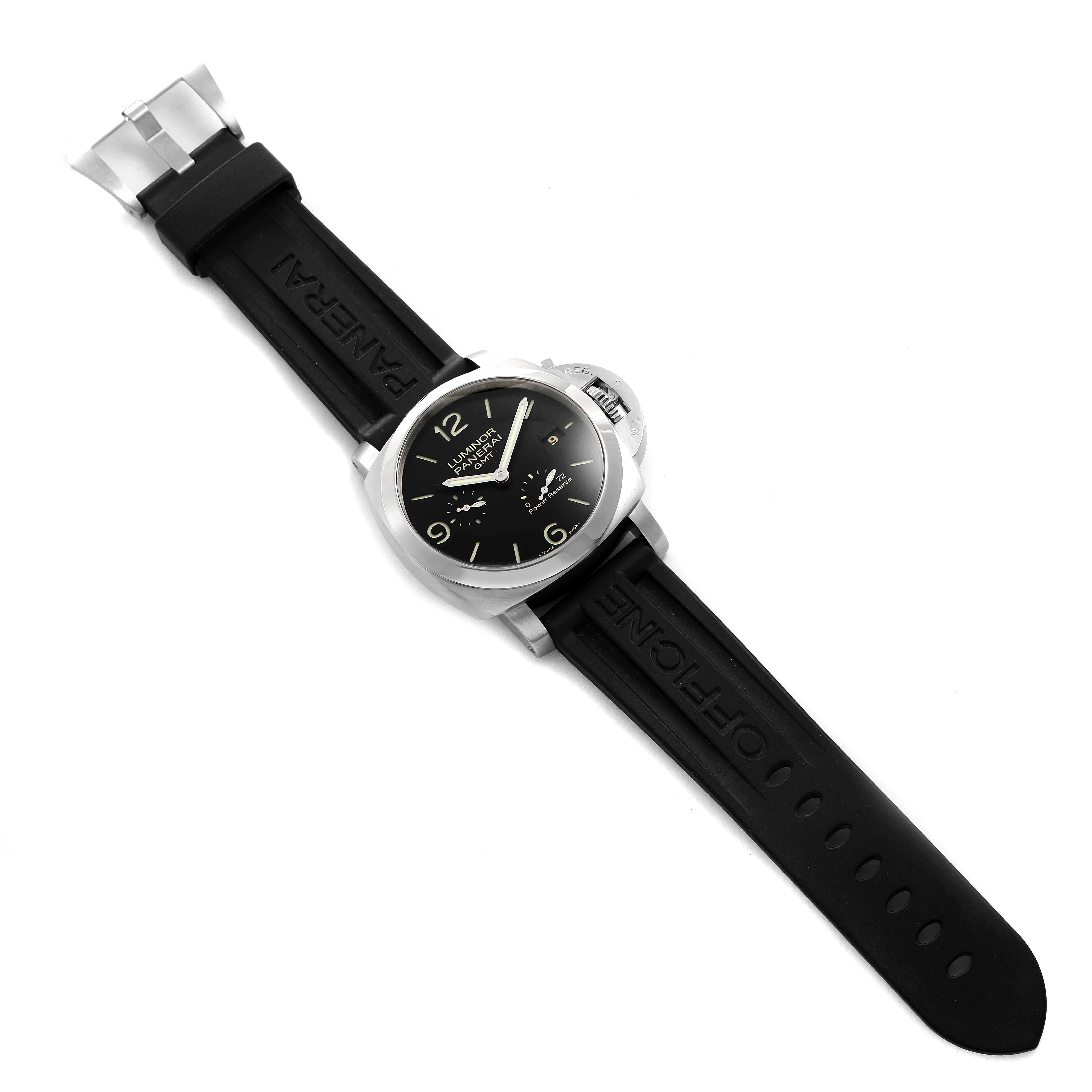 The image shows a top-down view of a Panerai Luminor PAM00321 Men's Stainless Steel Black Dial PAM00321 Men's Stainless Steel Black Dial watch, displaying its dial, case, and black rubber strap with branding.