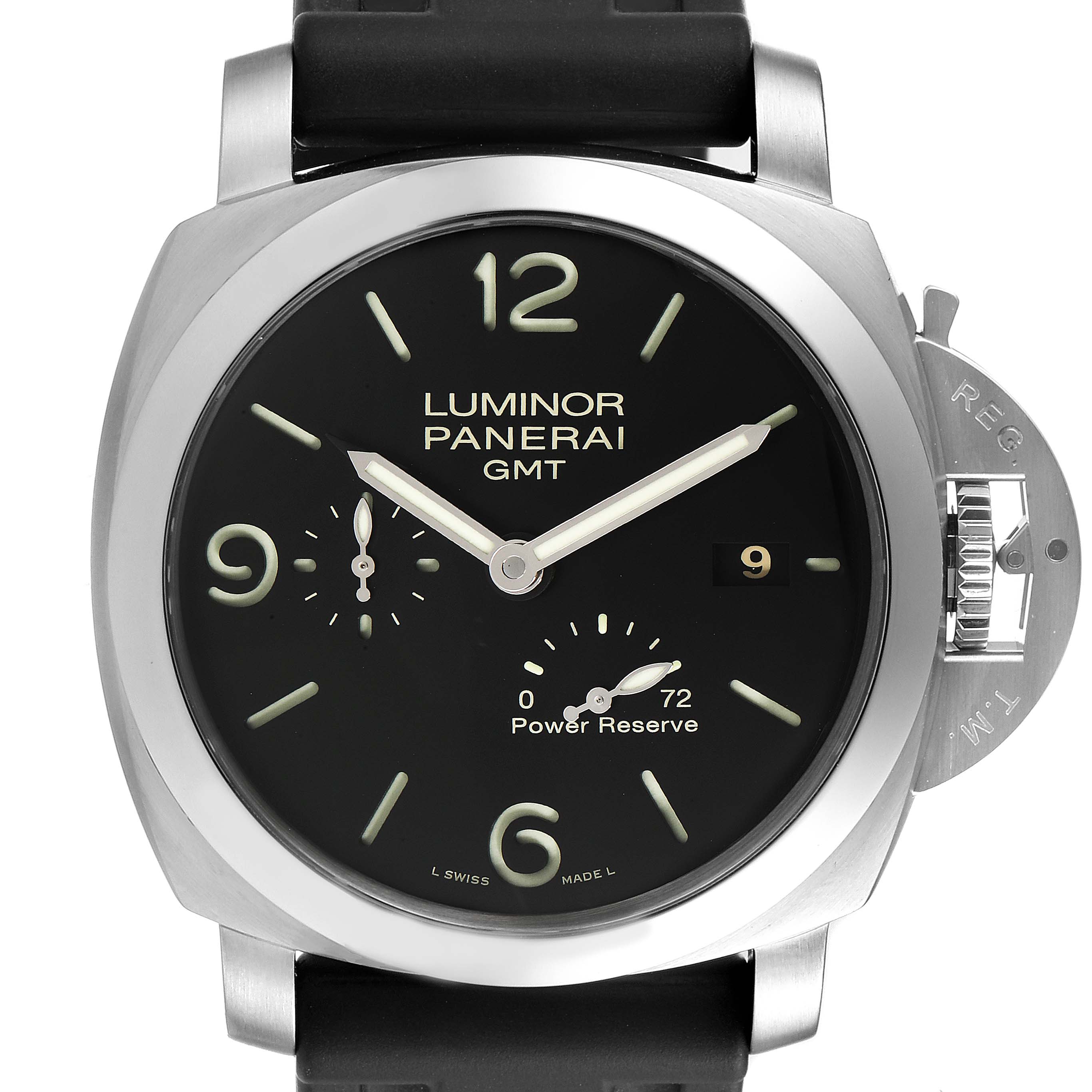 The image shows a front view of the Panerai Luminor PAM00321 Men's Stainless Steel Black Dial PAM00321 Men's Stainless Steel Black Dial GMT watch, displaying its dial, hands, power reserve indicator, and crown.