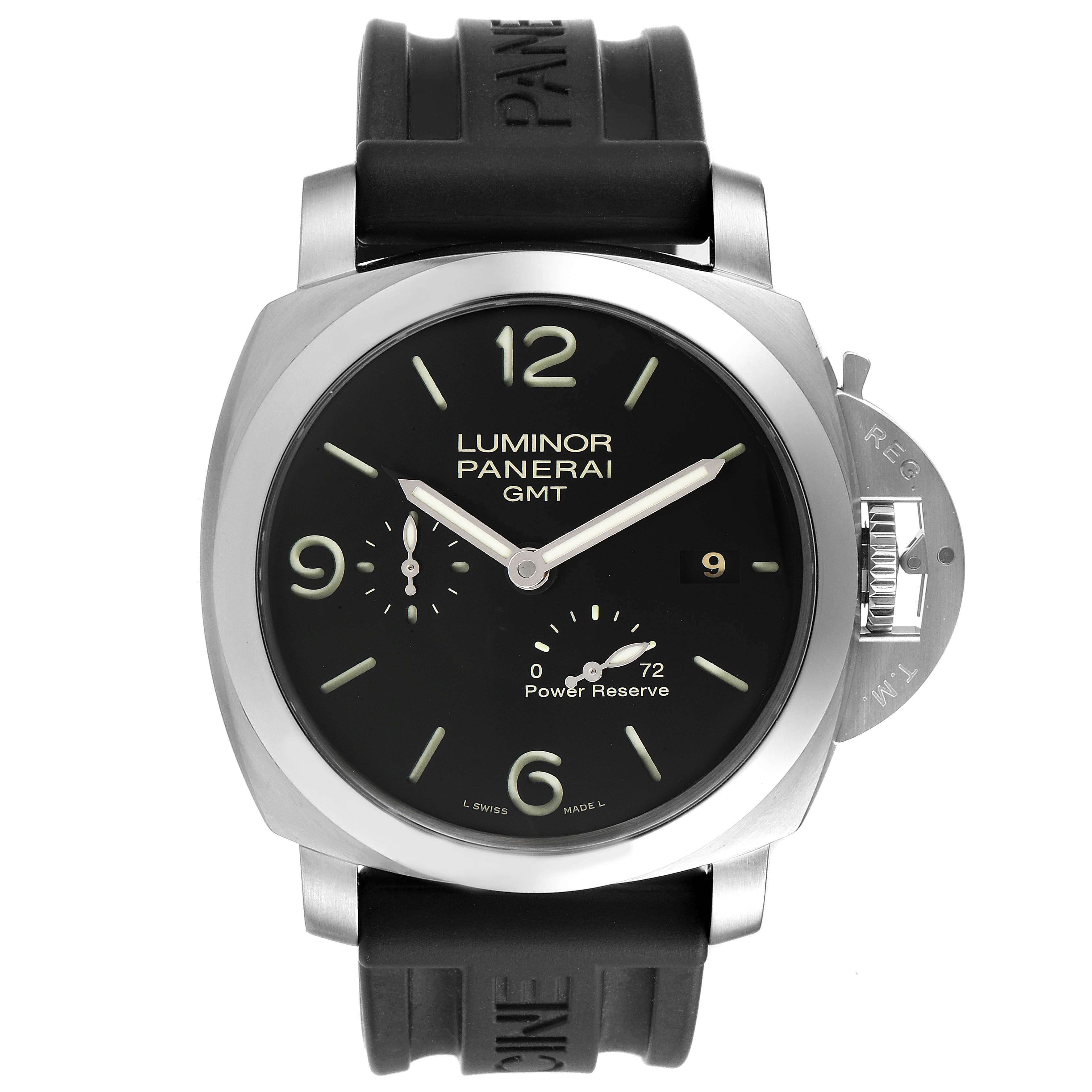 The image shows a front view of the Panerai Luminor PAM00321 Men's Stainless Steel Black Dial PAM00321 Men's Stainless Steel Black Dial GMT watch, including its dial, case, and strap.