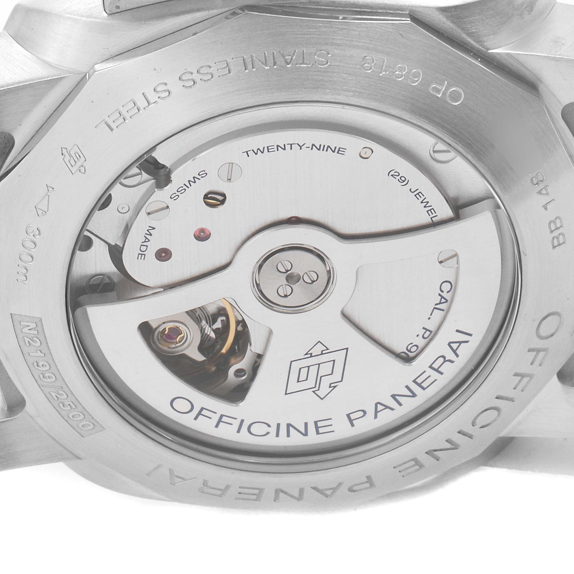 This image shows the movement and internal mechanics of the Panerai Luminor PAM00321 Men's Stainless Steel Black Dial PAM00321 Men's Stainless Steel Black Dial watch from the back angle with the inscription "Officine Panerai."