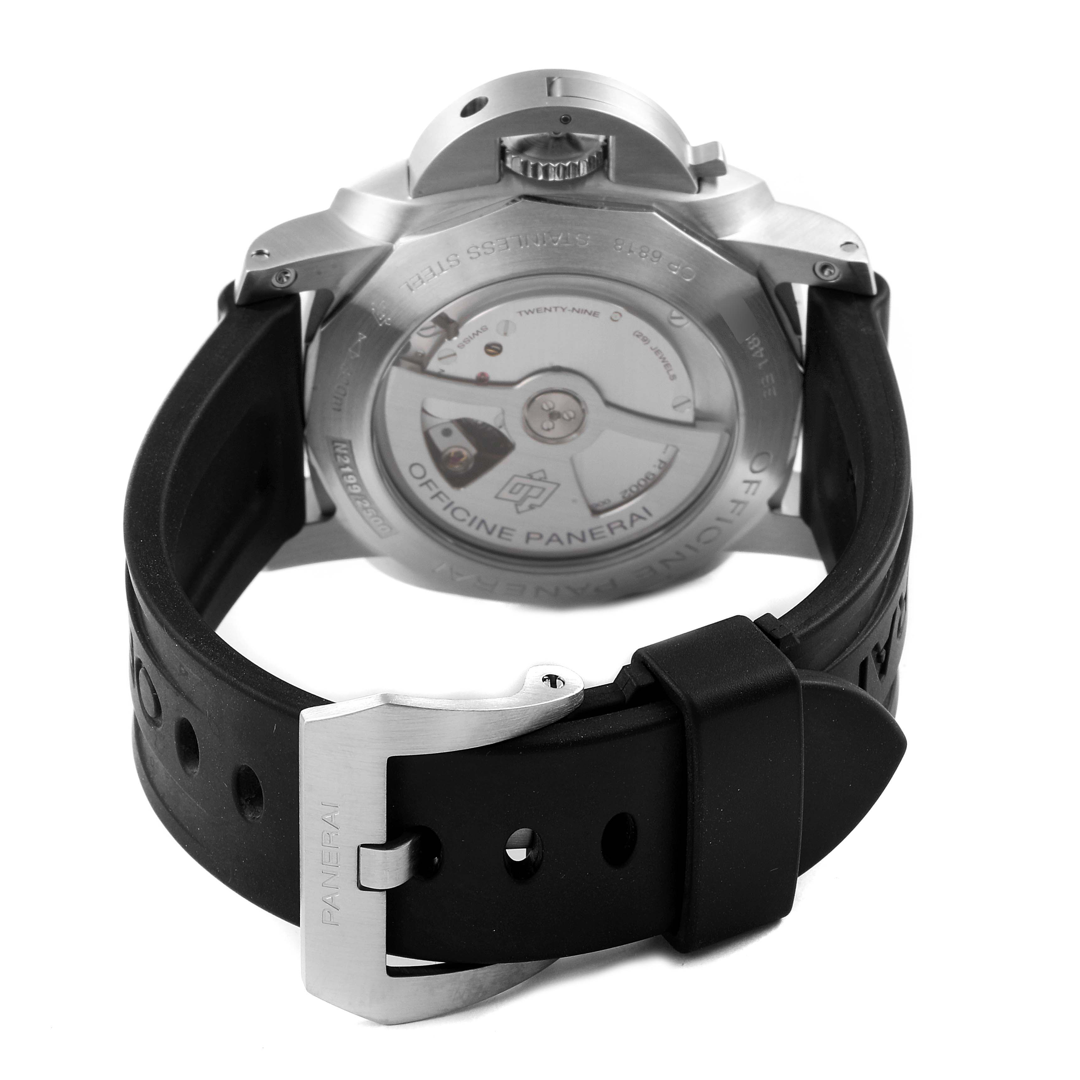 The image shows the rear view of the Panerai Luminor PAM00321 Men's Stainless Steel Black Dial PAM00321 Men's Stainless Steel Black Dial watch, highlighting its case back, movement, and black strap with buckle.