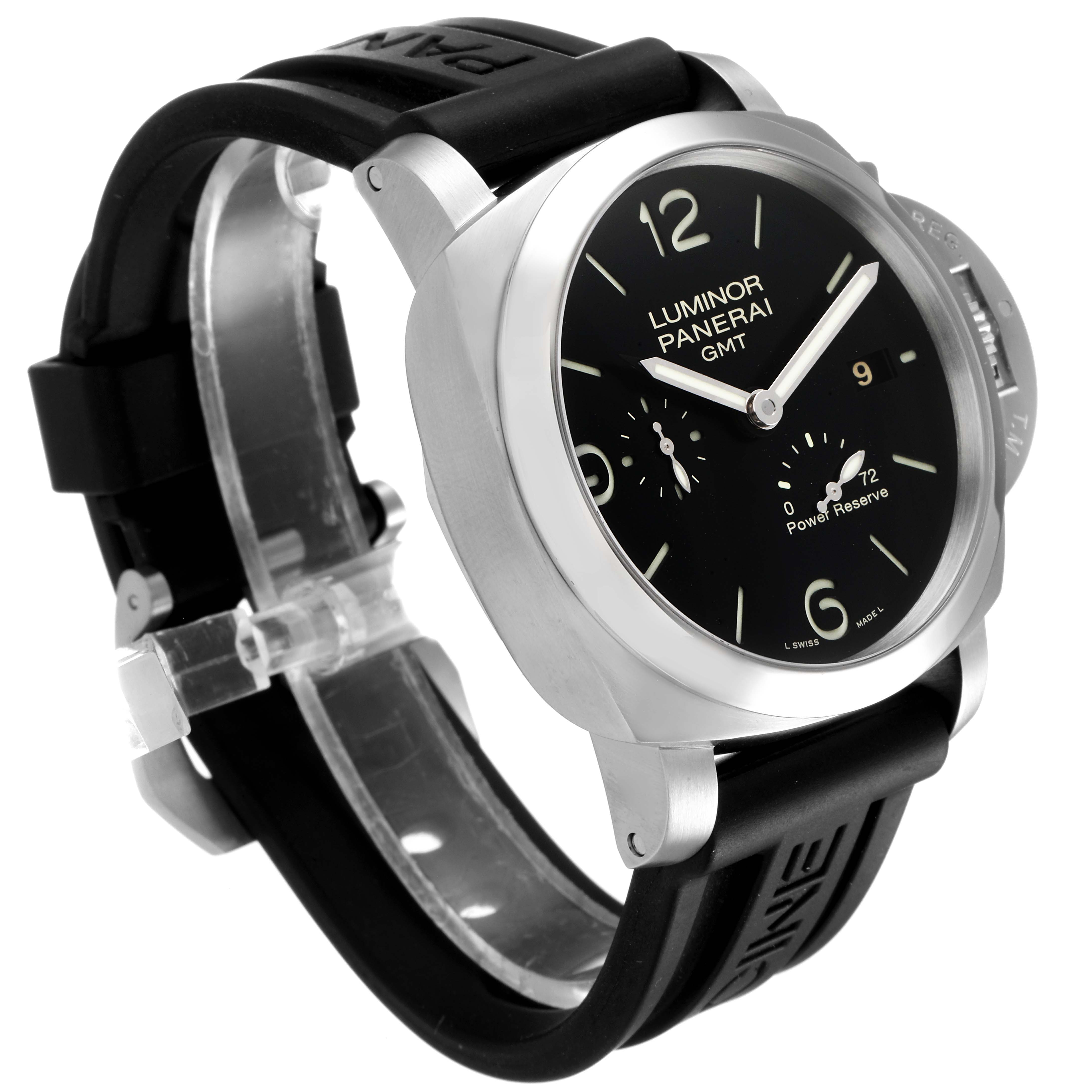 The image shows a side-angle view of the Panerai Luminor PAM00321 Men's Stainless Steel Black Dial PAM00321 Men's Stainless Steel Black Dial watch, highlighting its black dial, case, and black rubber strap.