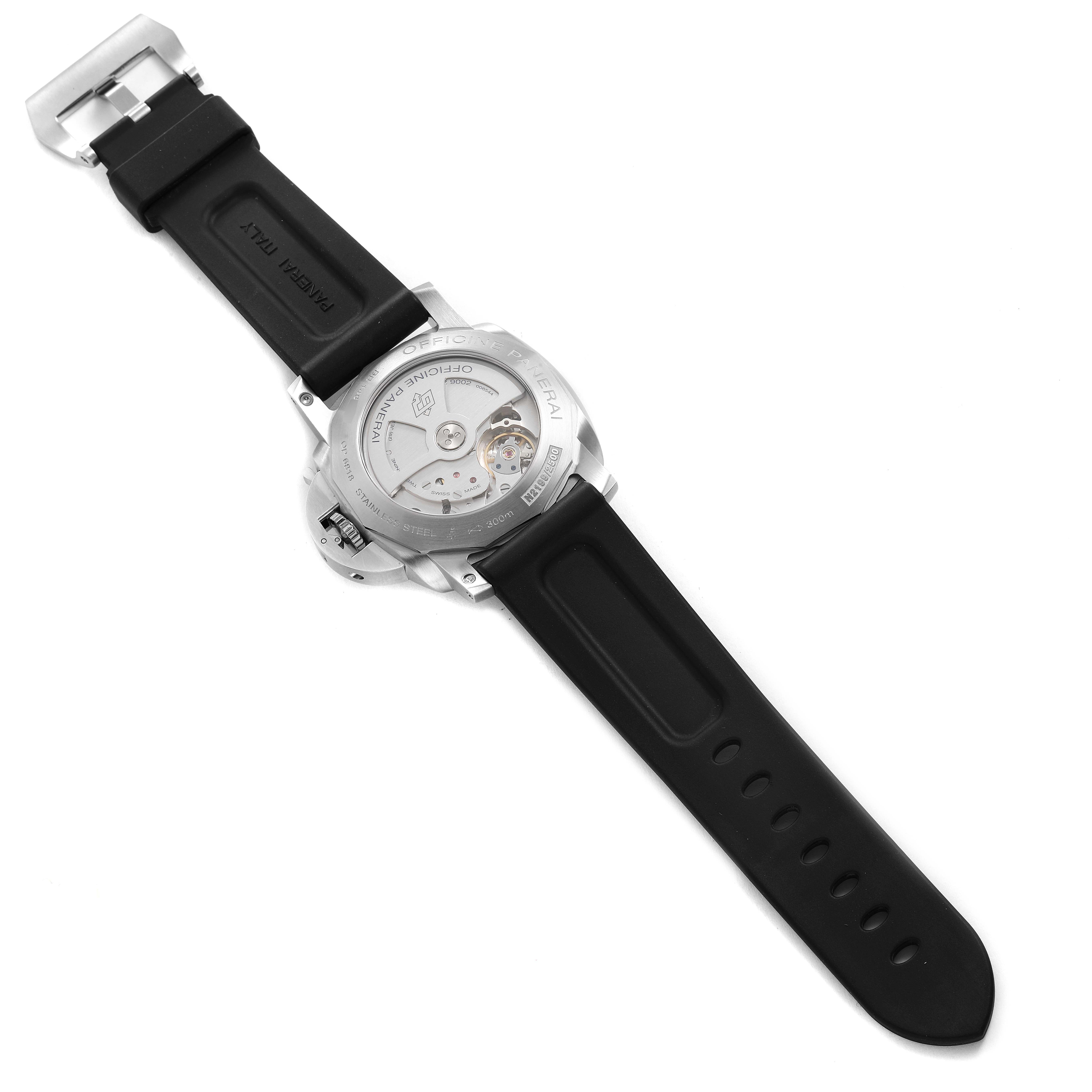 The image shows the back view of a Panerai Luminor PAM00321 Men's Stainless Steel Black Dial PAM00321 Men's Stainless Steel Black Dial watch displaying its transparent case back and black rubber strap.