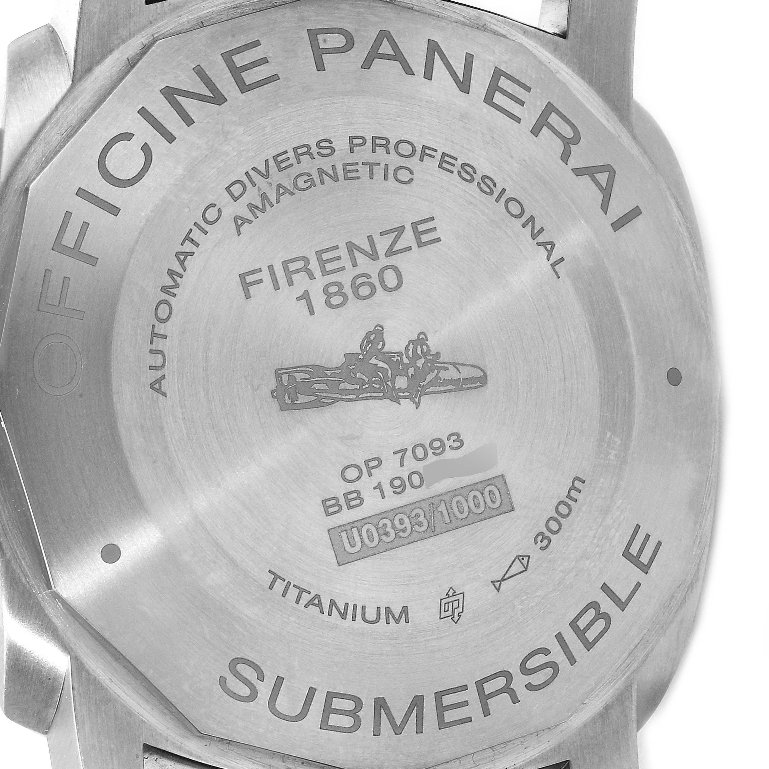 This image shows the back case of a Panerai Submersible PAM01389 Men's Titanium Black Dial PAM01389 Men's Titanium Black Dial watch, highlighting details like model number and material.