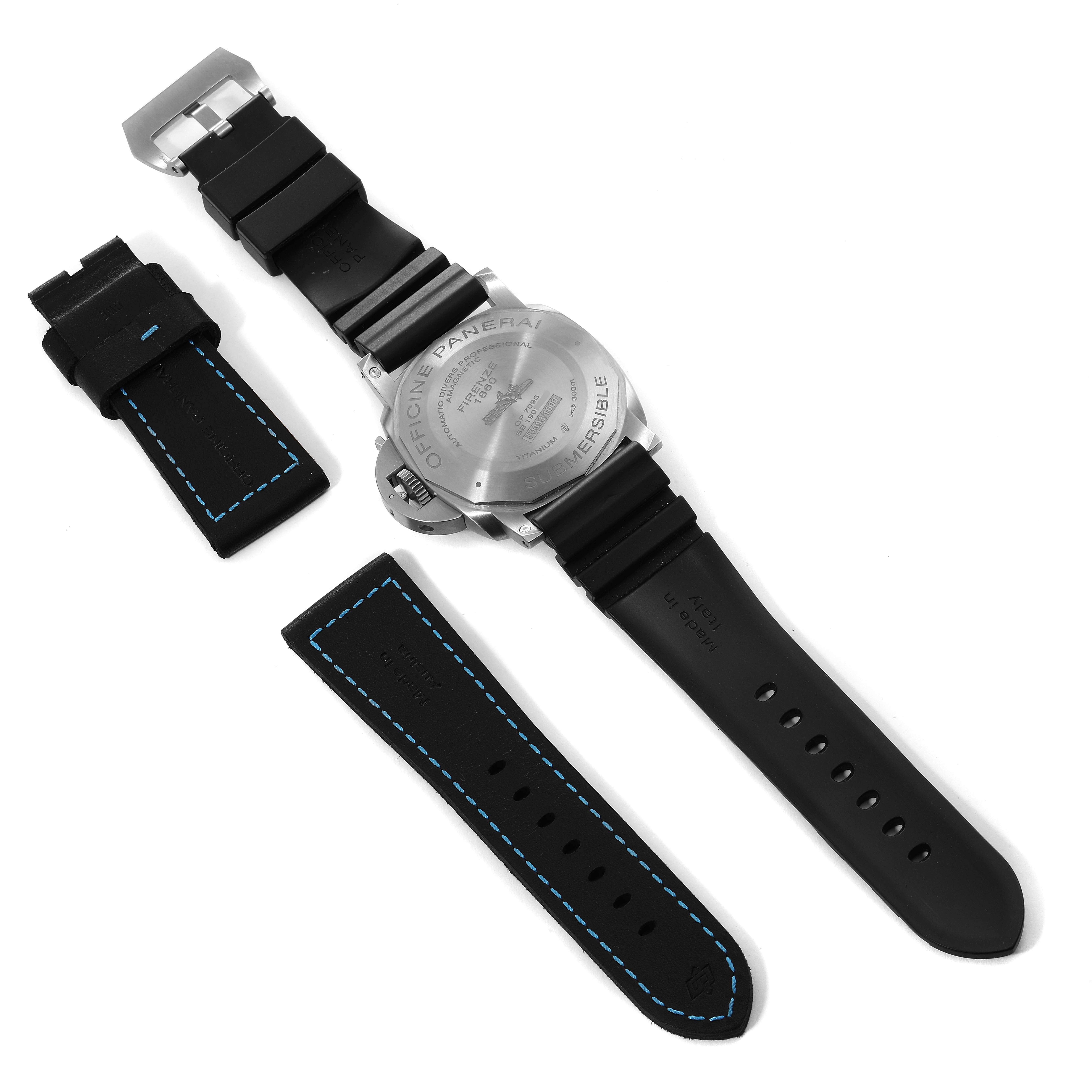This image displays the back of the Panerai Submersible PAM01389 Men's Titanium Black Dial PAM01389 Men's Titanium Black Dial watch and its straps, including a detached strap with blue stitching.