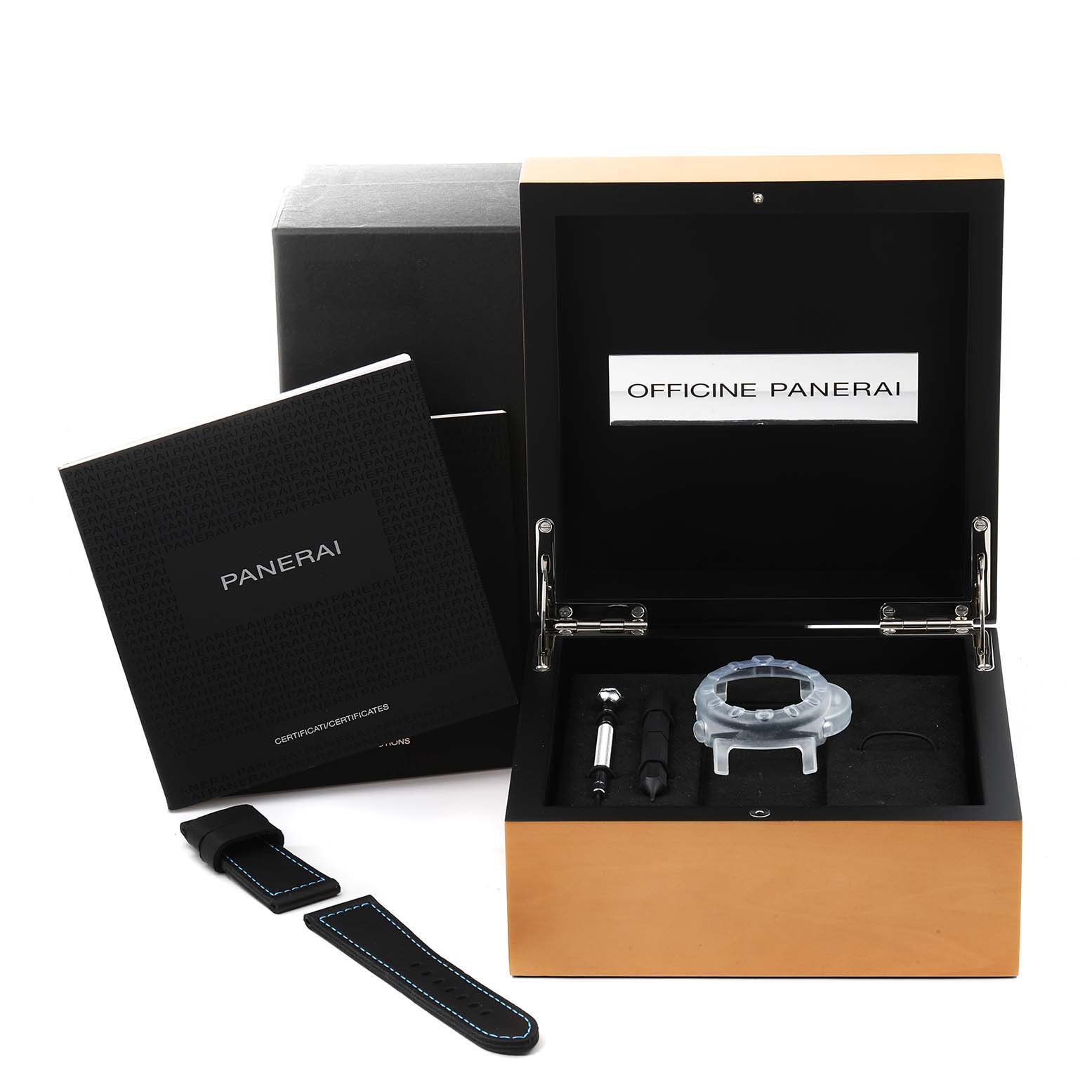 The image shows the Panerai Submersible PAM01389 Men's Titanium Black Dial PAM01389 Men's Titanium Black Dial watch box, extra strap, tools, and instruction manual from a front angle.
