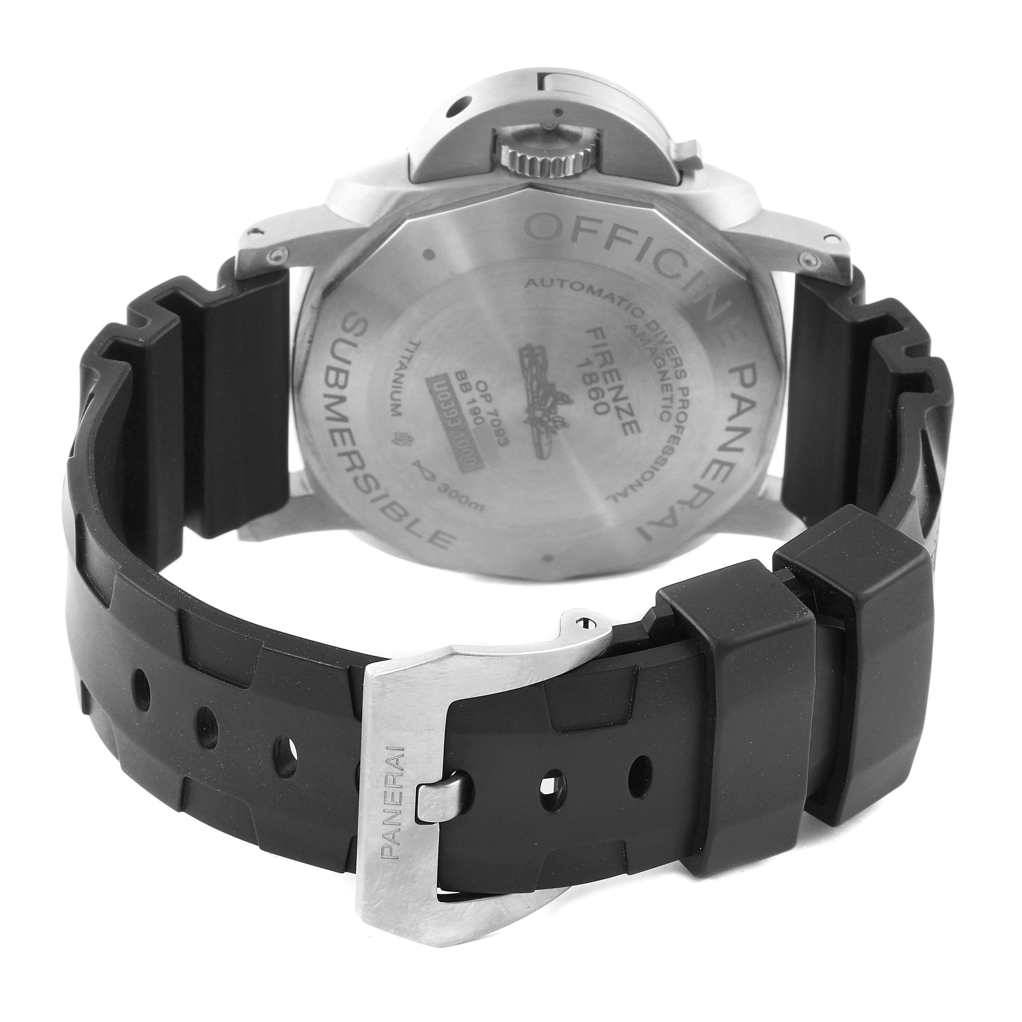 The image shows the back view of a Panerai Submersible PAM01389 Men's Titanium Black Dial PAM01389 Men's Titanium Black Dial watch, highlighting its case back and black rubber strap with "Panerai" engraved on the buckle.