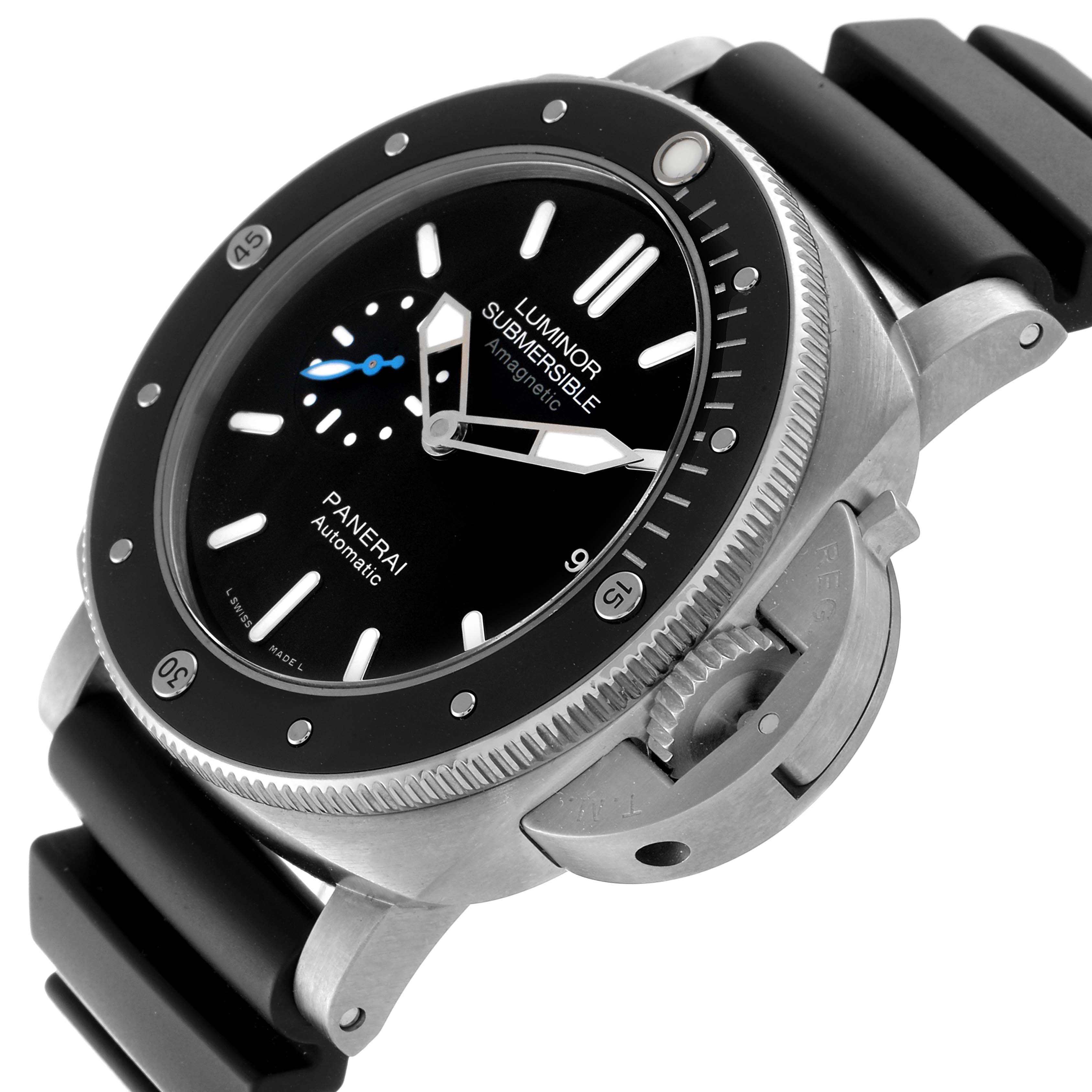 The image shows a Panerai Submersible PAM01389 Men's Titanium Black Dial PAM01389 Men's Titanium Black Dial watch at a slight angle showcasing its dial, bezel, crown guard, and strap.