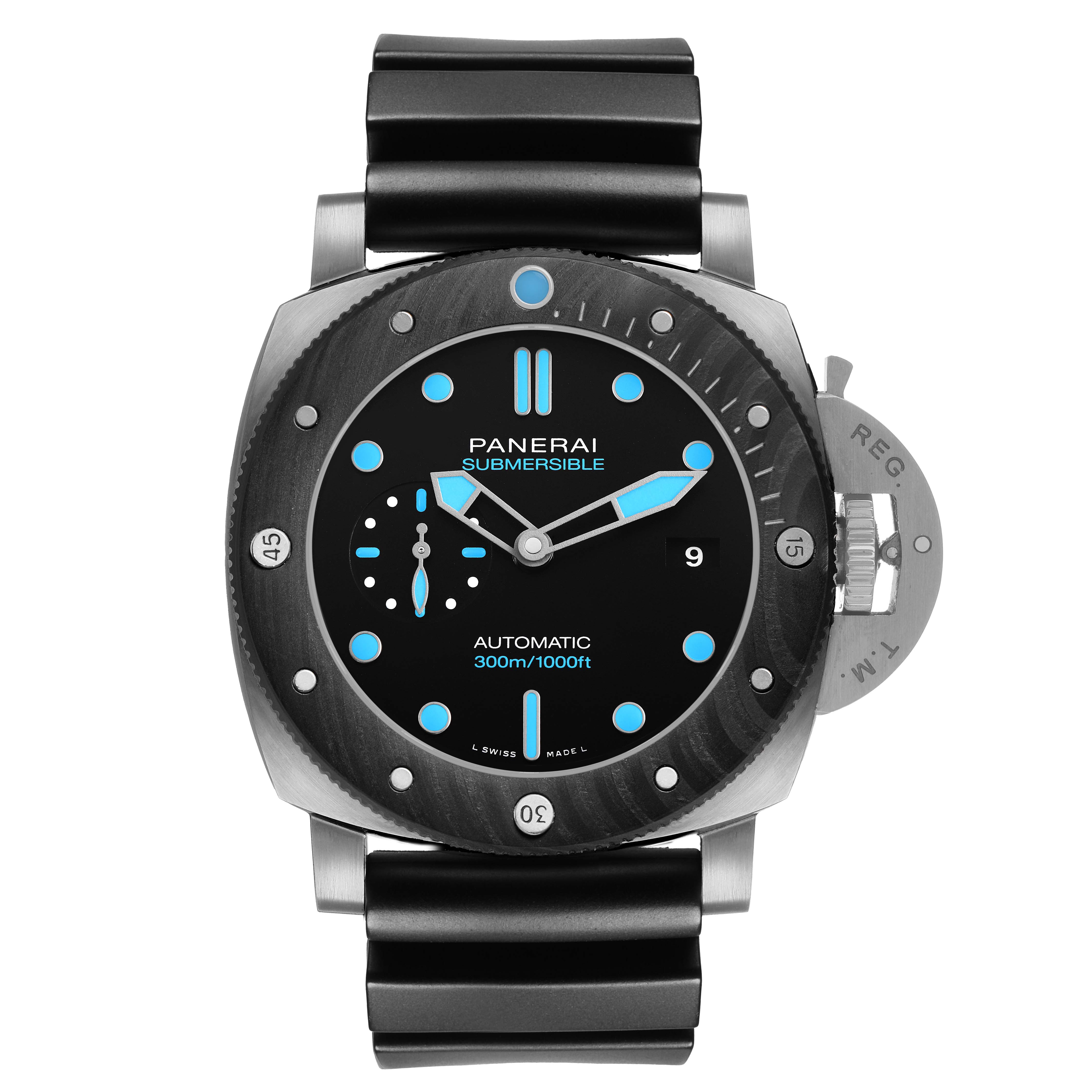 The Panerai Luminor PAM00799 Men's Titanium Black Dial watch is shown from a front angle, displaying the dial, bezel, and rubber strap.