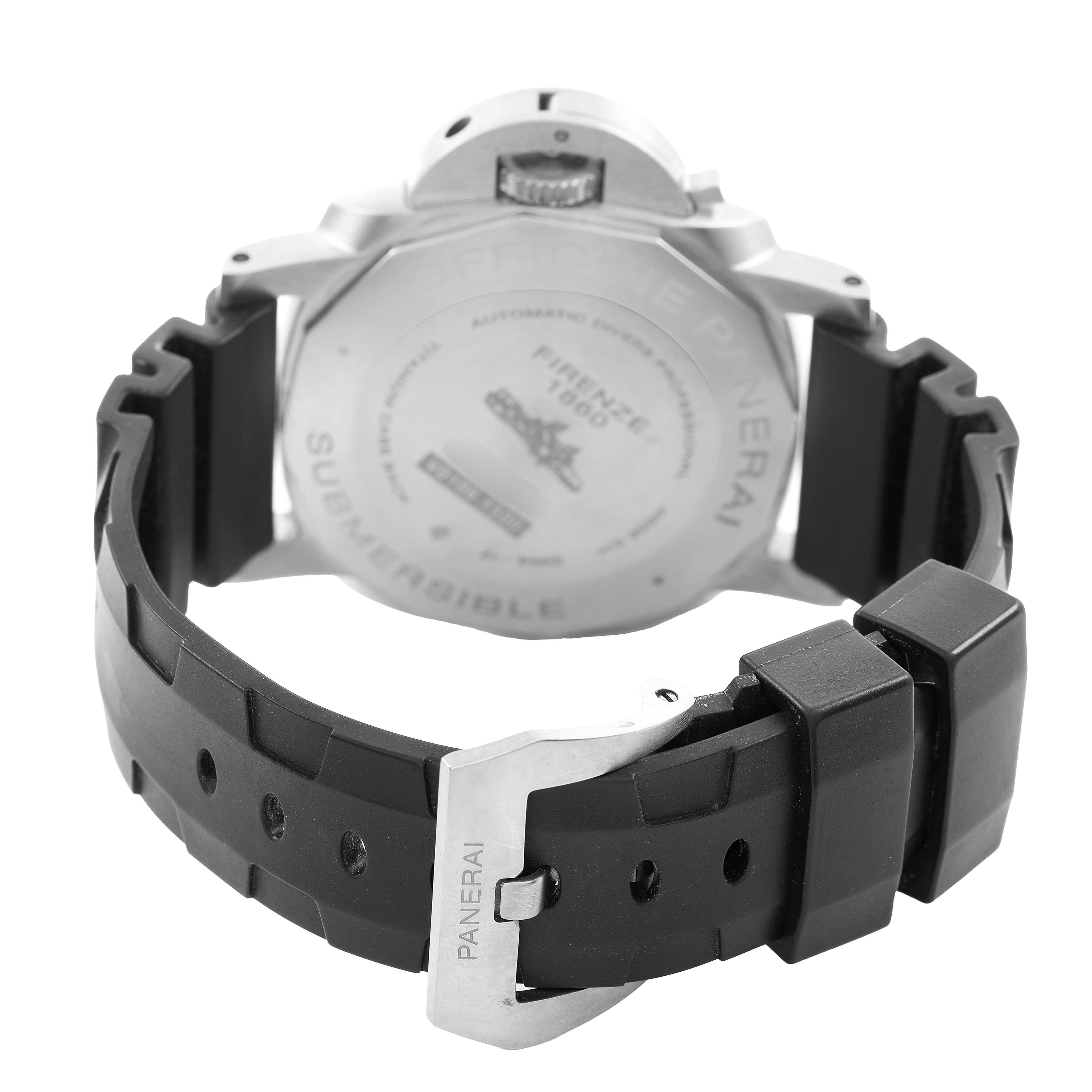The Panerai Luminor PAM00799 Men's Titanium Black Dial watch is shown from the rear, highlighting the case back and rubber strap with a visible buckle.