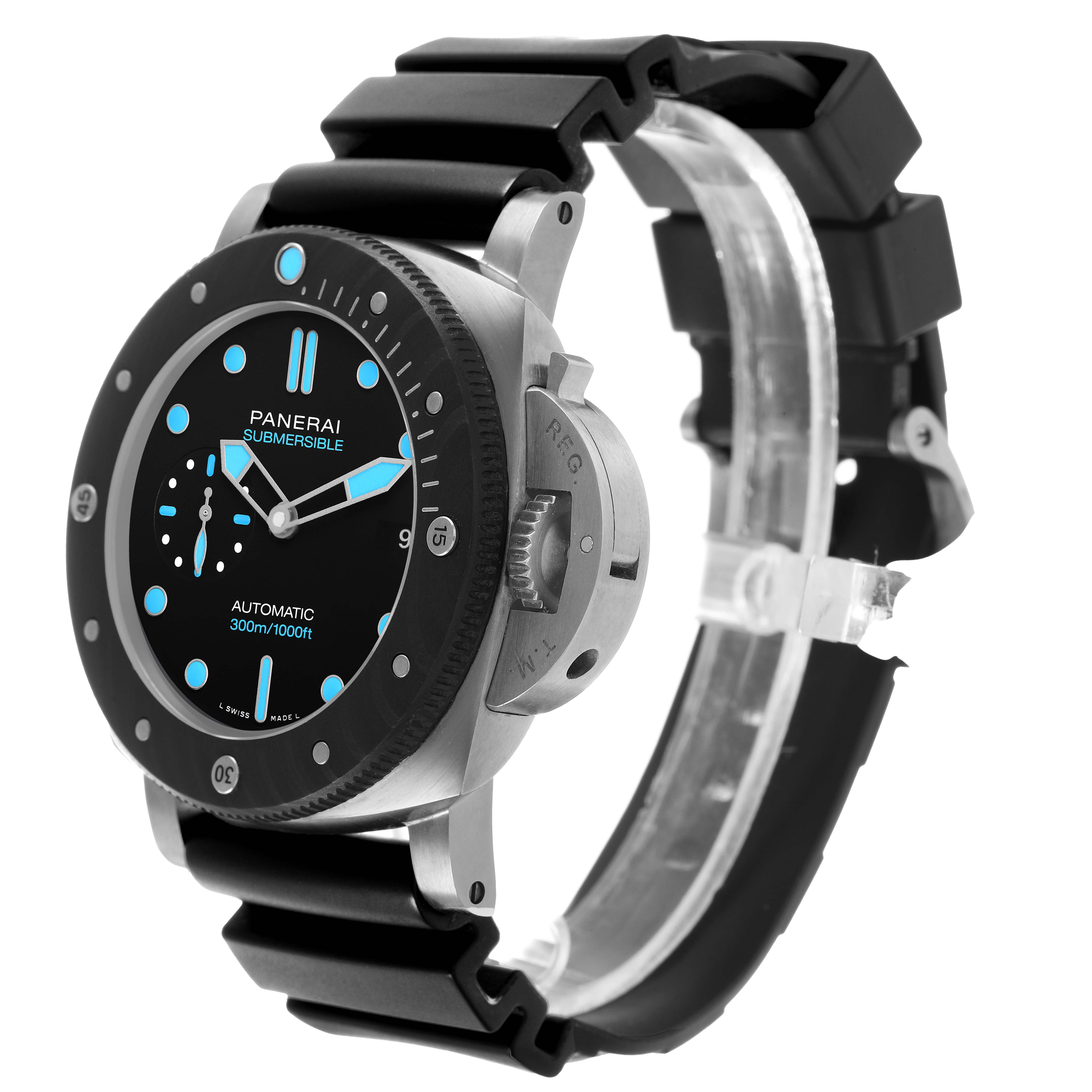 The Panerai Luminor PAM00799 Men's Titanium Black Dial model is shown at an angled view, highlighting the dial, bezel, and crown guard, with a black strap visible.