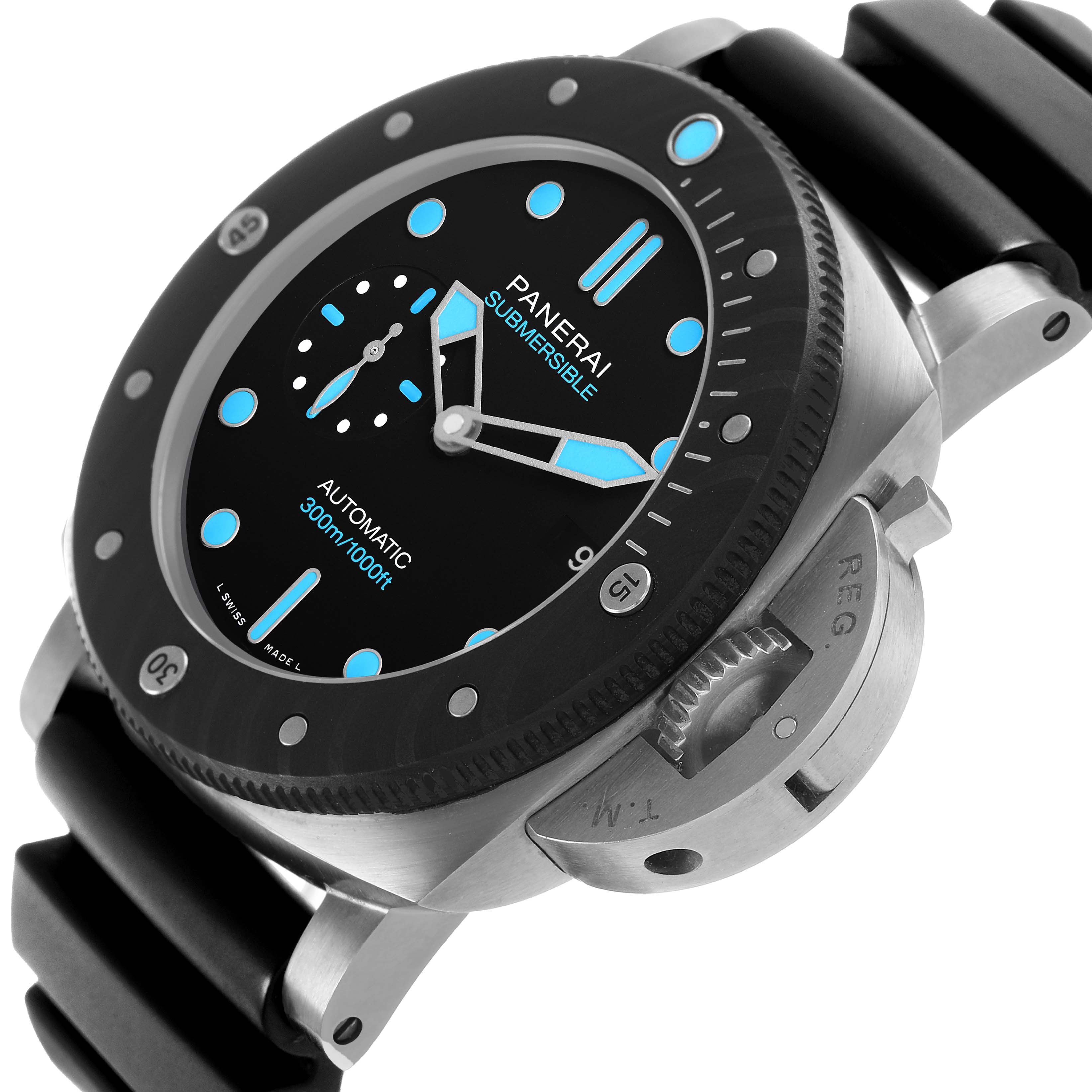 The image shows a Luminor Submersible by Panerai angled to highlight the bezel, dial, hands, crown guard, and strap.