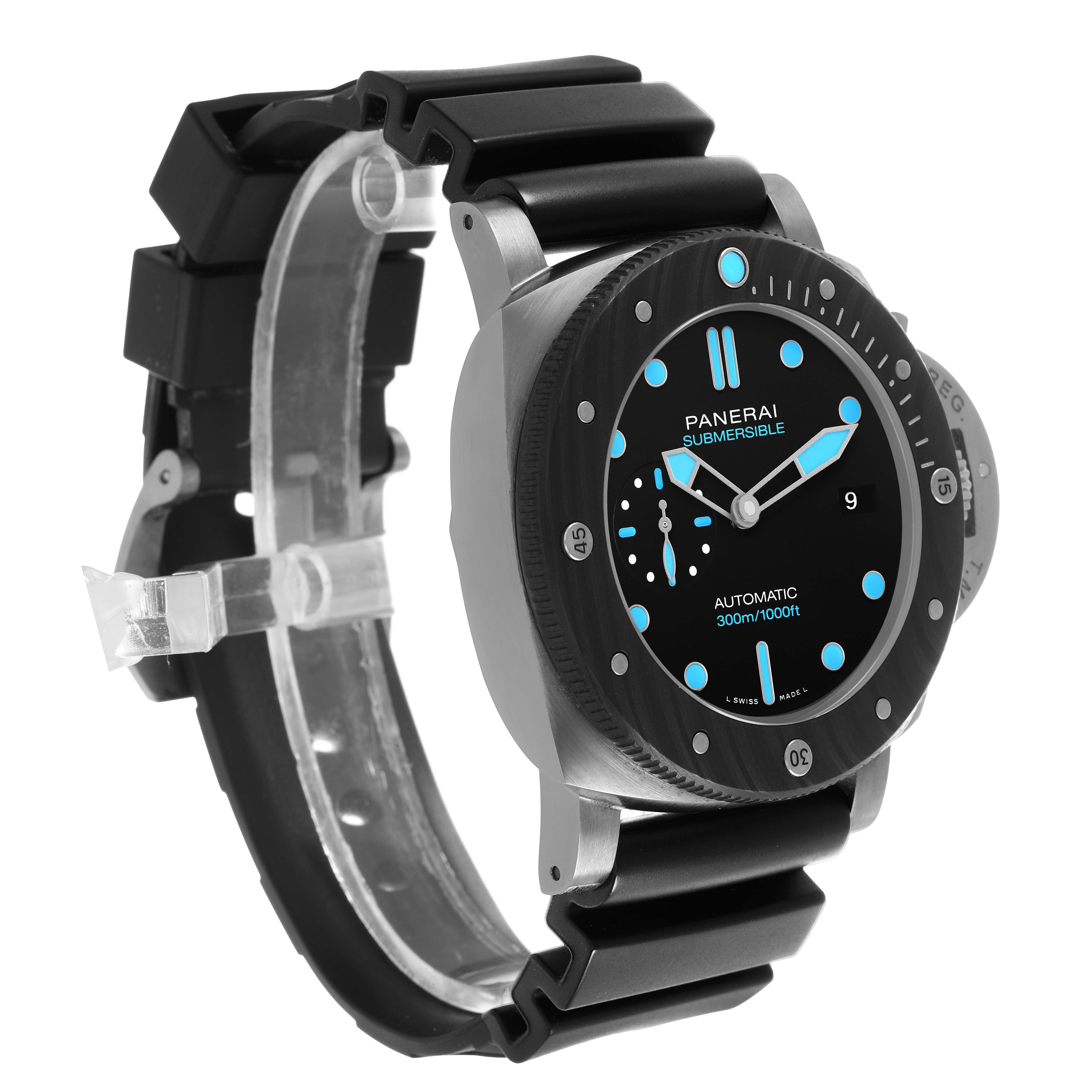 The Panerai Luminor PAM00799 Men's Titanium Black Dial watch is shown at a slight angle, displaying the face, bezel, and strap.