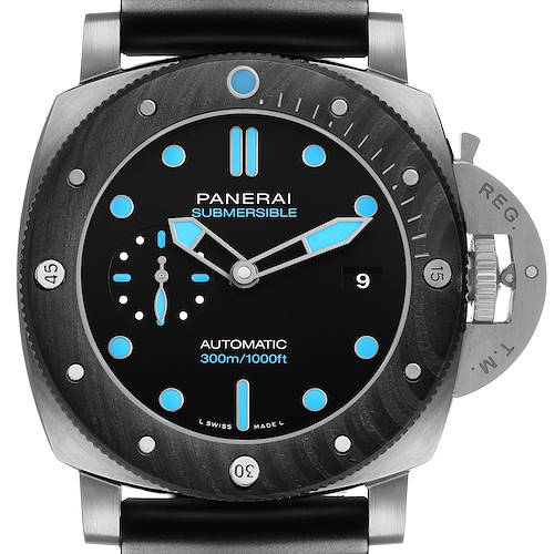 The Panerai Luminor PAM00799 Men's Titanium Black Dial watch is shown from the front, displaying the dial, hands, bezel, and crown guard.