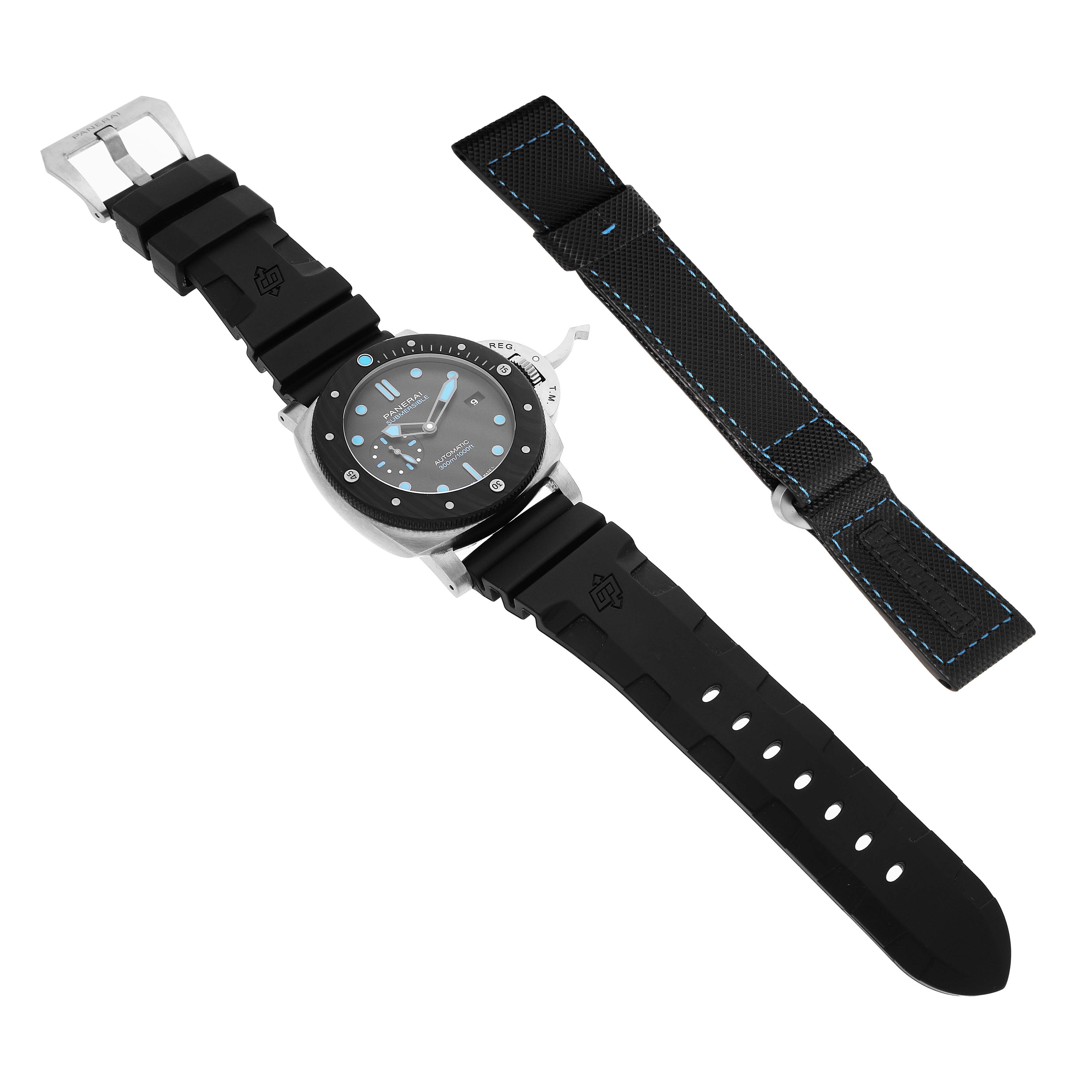 The Panerai Luminor PAM00799 Men's Titanium Black Dial watch is shown from a top-down angle with a black strap and an additional blue-stitched band.