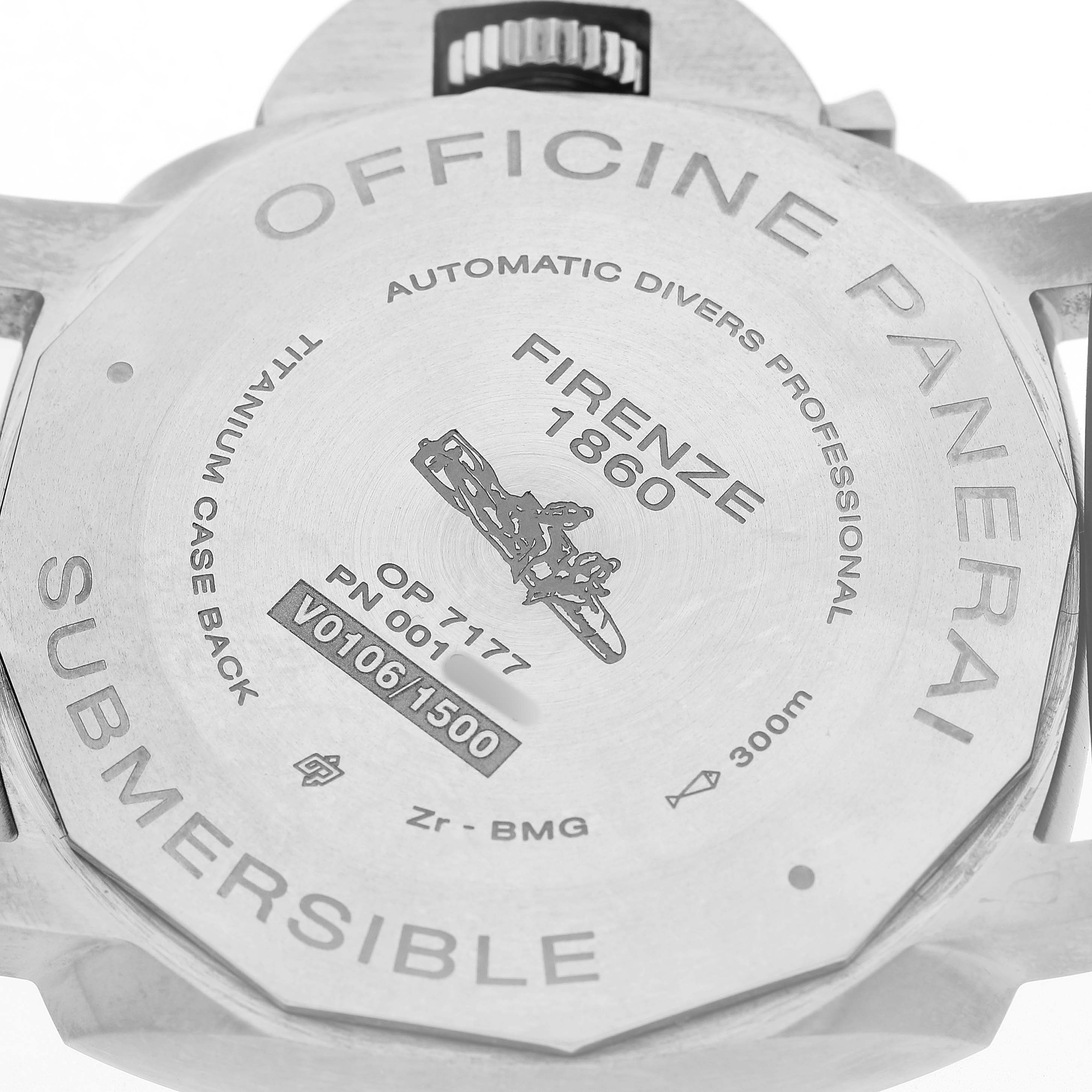 The image shows the case back of the Panerai Luminor PAM00799 Men's Titanium Black Dial Submersible, displaying engravings and details like "Firenze 1860."