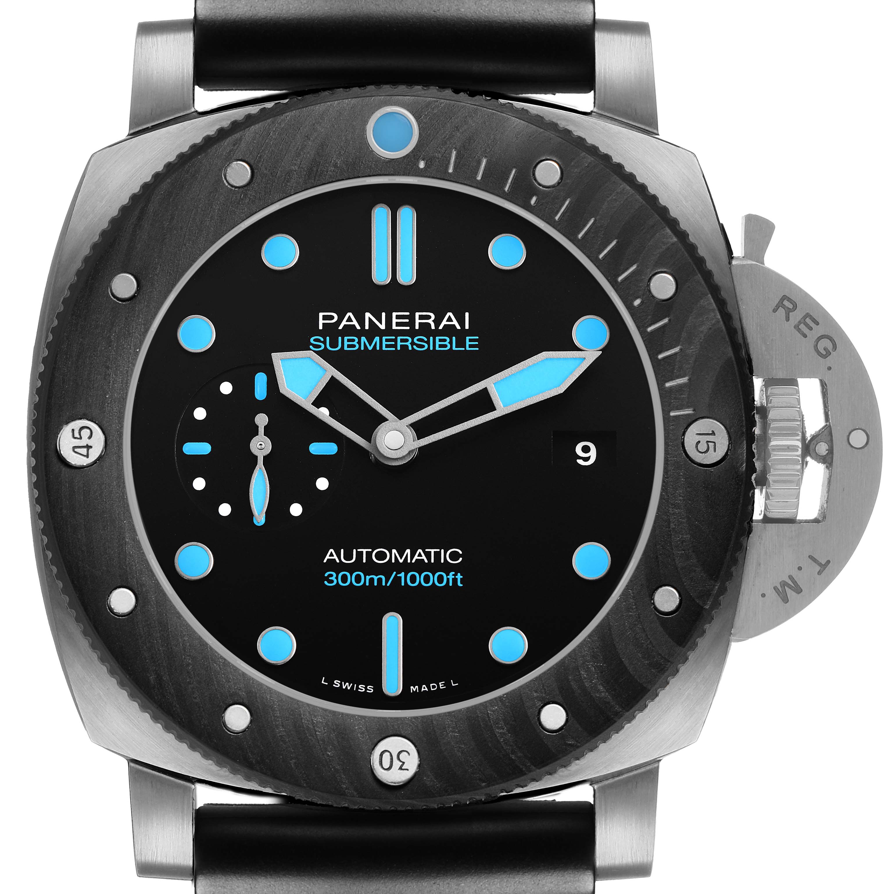 The Panerai Luminor PAM00799 Men's Titanium Black Dial watch is shown from a front angle, highlighting the face, bezel, and crown guard.