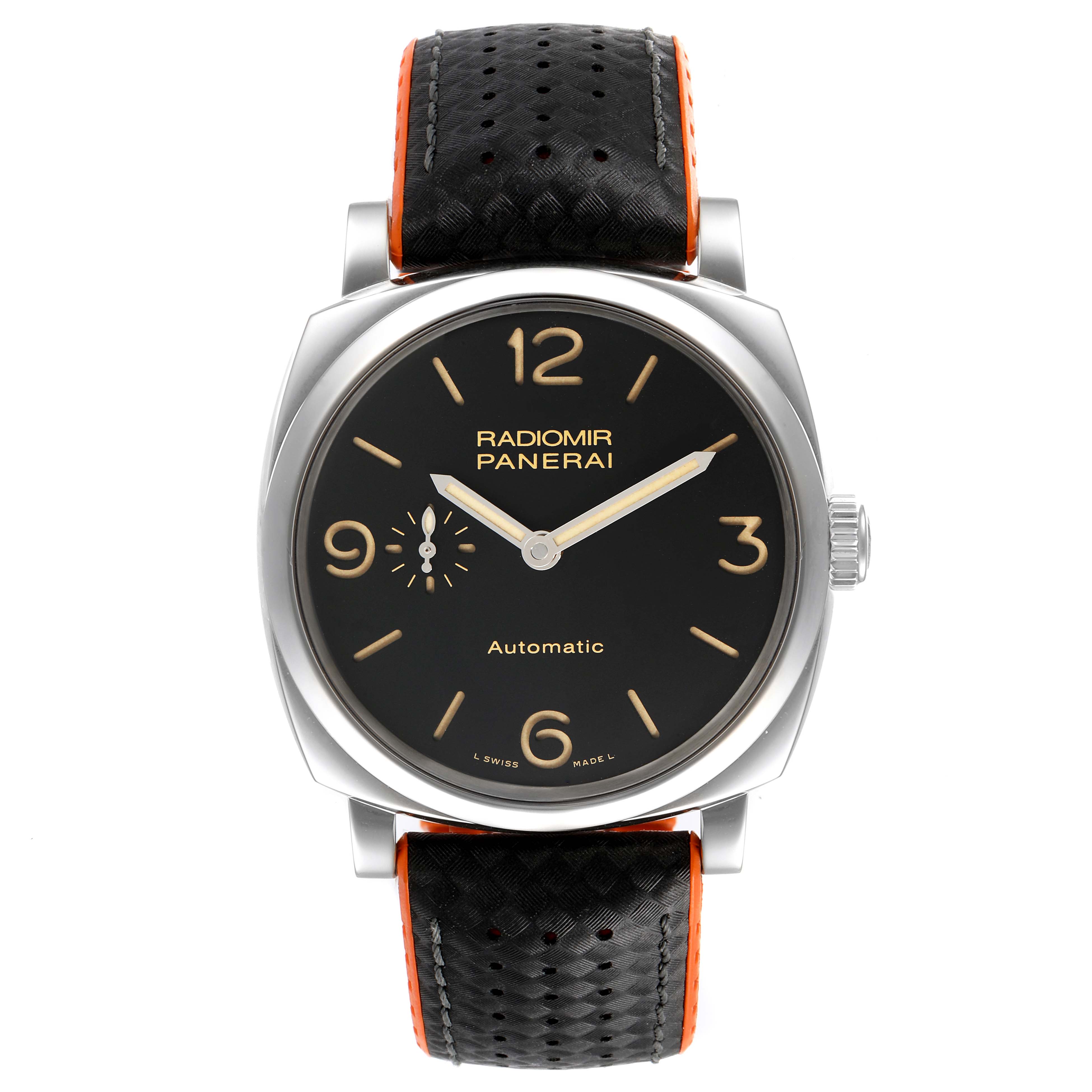 The image shows a front view of a Panerai Radiomir PAM00620 Men's Stainless Steel Black Dial PAM00620 Men's Stainless Steel Black Dial watch featuring its dial, hands, case, crown, and strap.