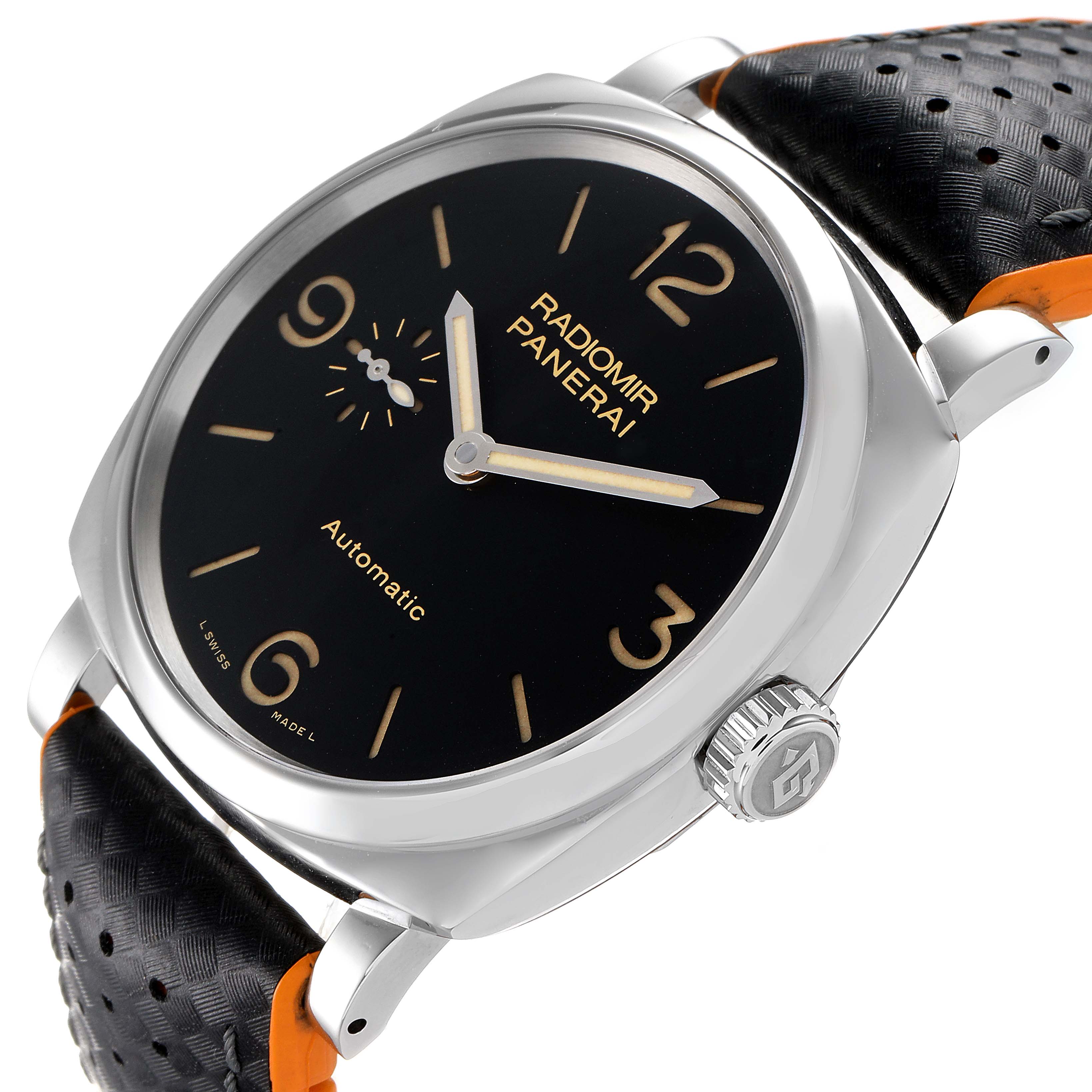 The image shows a close-up, angled view of a Panerai Radiomir PAM00620 Men's Stainless Steel Black Dial PAM00620 Men's Stainless Steel Black Dial watch face and partial strap, highlighting the crown and dial.