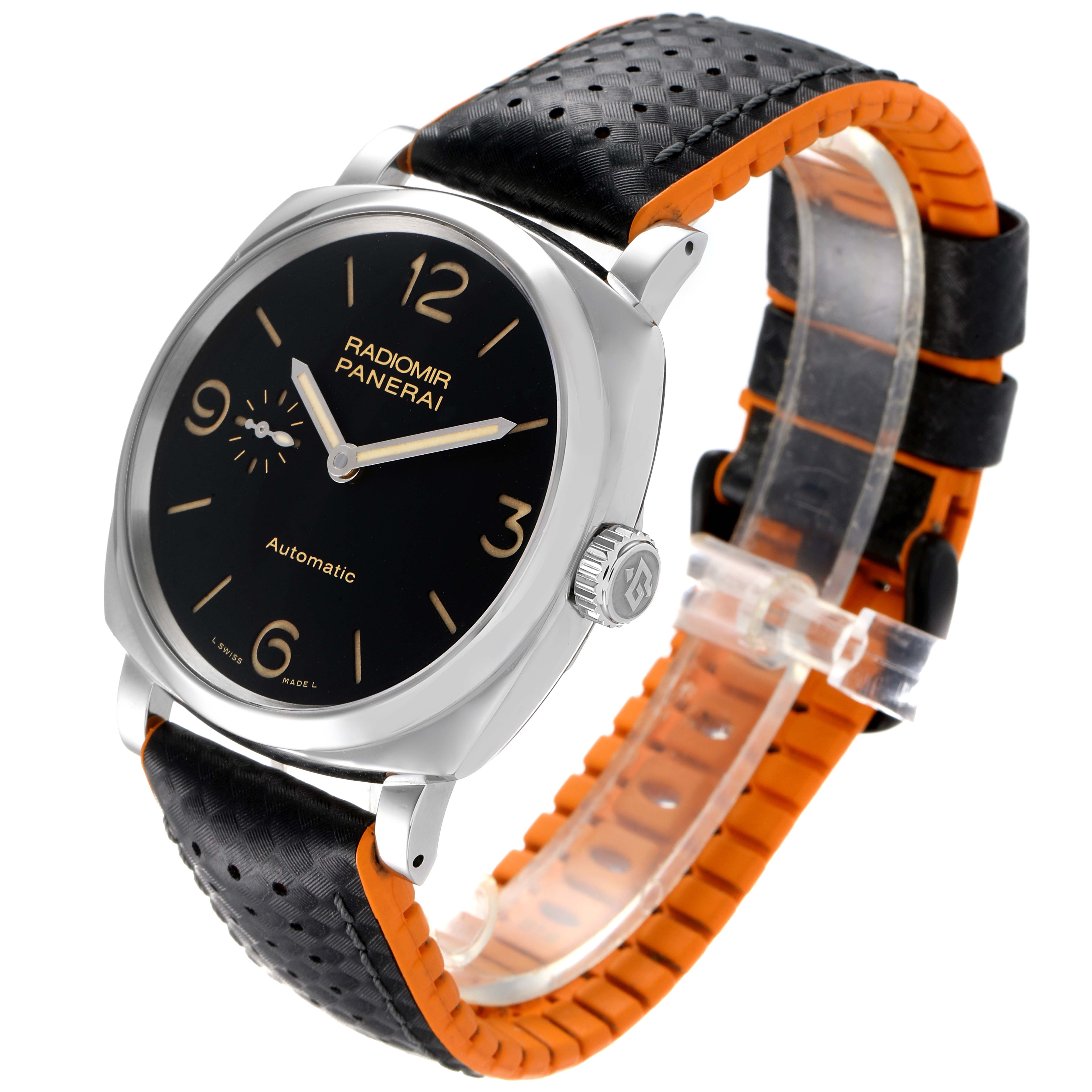 This image shows the Panerai Radiomir PAM00620 Men's Stainless Steel Black Dial PAM00620 Men's Stainless Steel Black Dial watch at an angle emphasizing the dial, crown, and leather strap.