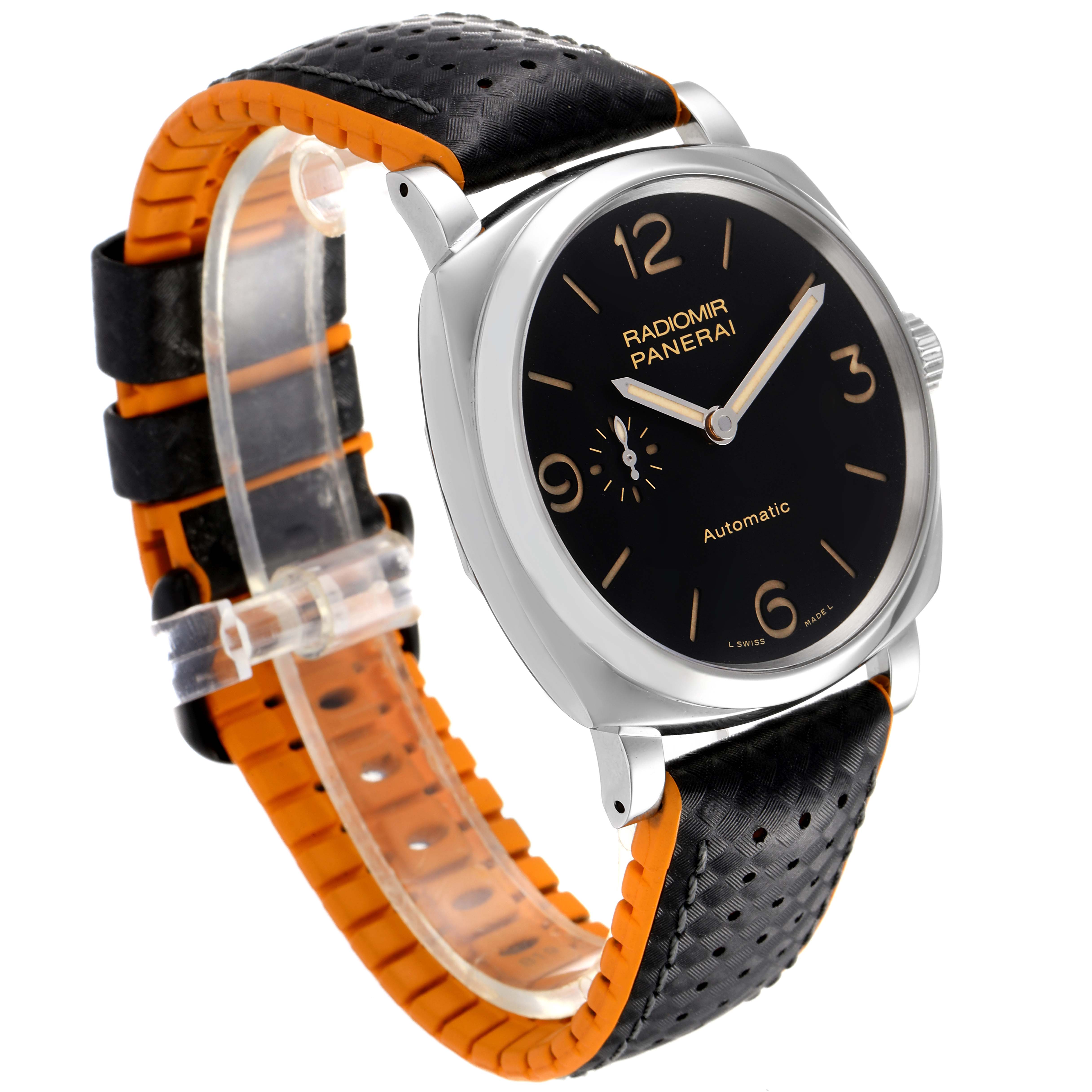 The Panerai Radiomir PAM00620 Men's Stainless Steel Black Dial PAM00620 Men's Stainless Steel Black Dial watch is shown at a slight angle, displaying the face, case, crown, and the black and orange textured strap.
