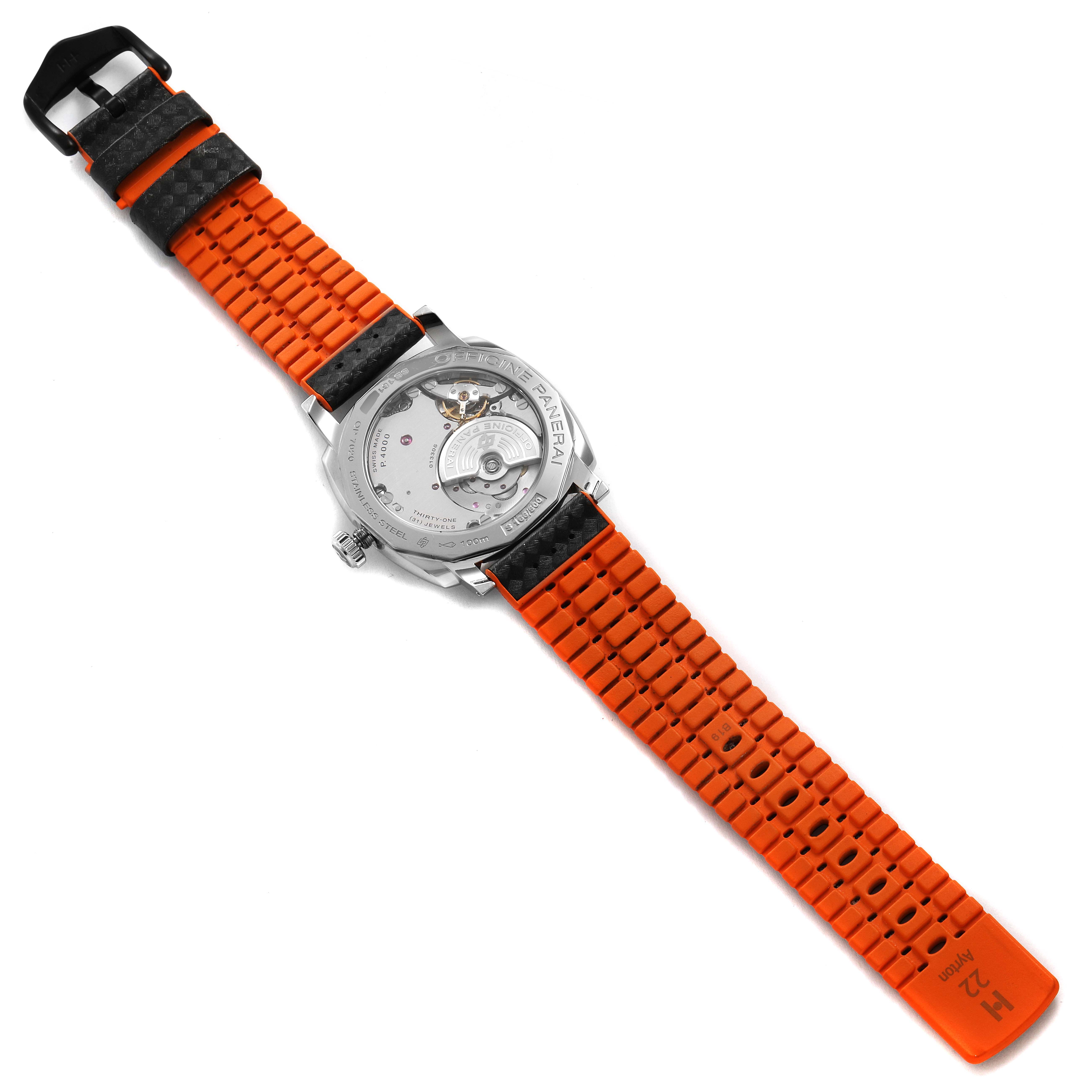 The image shows the back view of the Panerai Radiomir PAM00620 Men's Stainless Steel Black Dial PAM00620 Men's Stainless Steel Black Dial watch, highlighting its orange and black strap and mechanical movement.