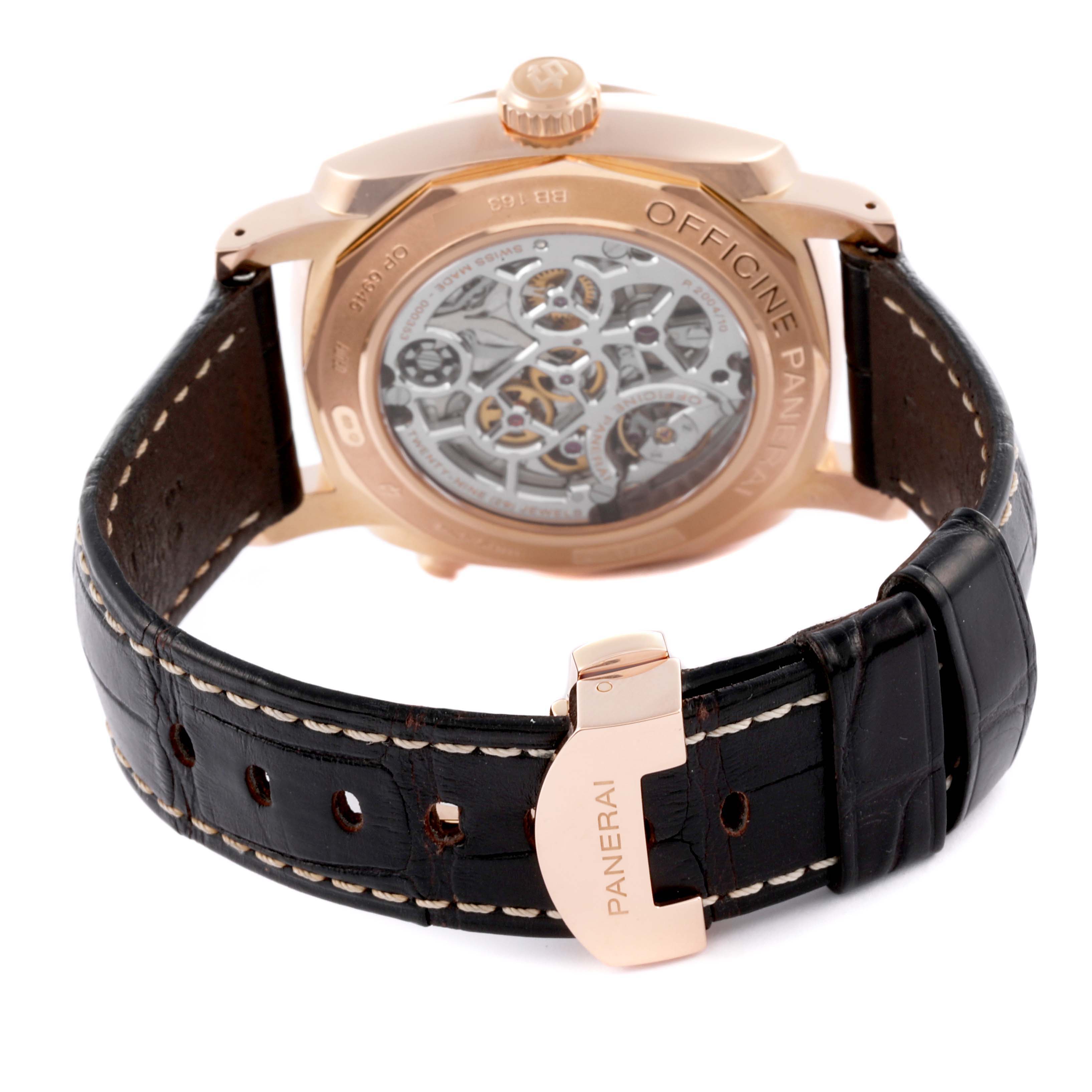 The image shows the back of the Panerai Radiomir PAM00502 Men's Rose Gold Brown Dial PAM00502 Men's Rose Gold Brown Dial watch, including the movement and leather strap with a buckle.