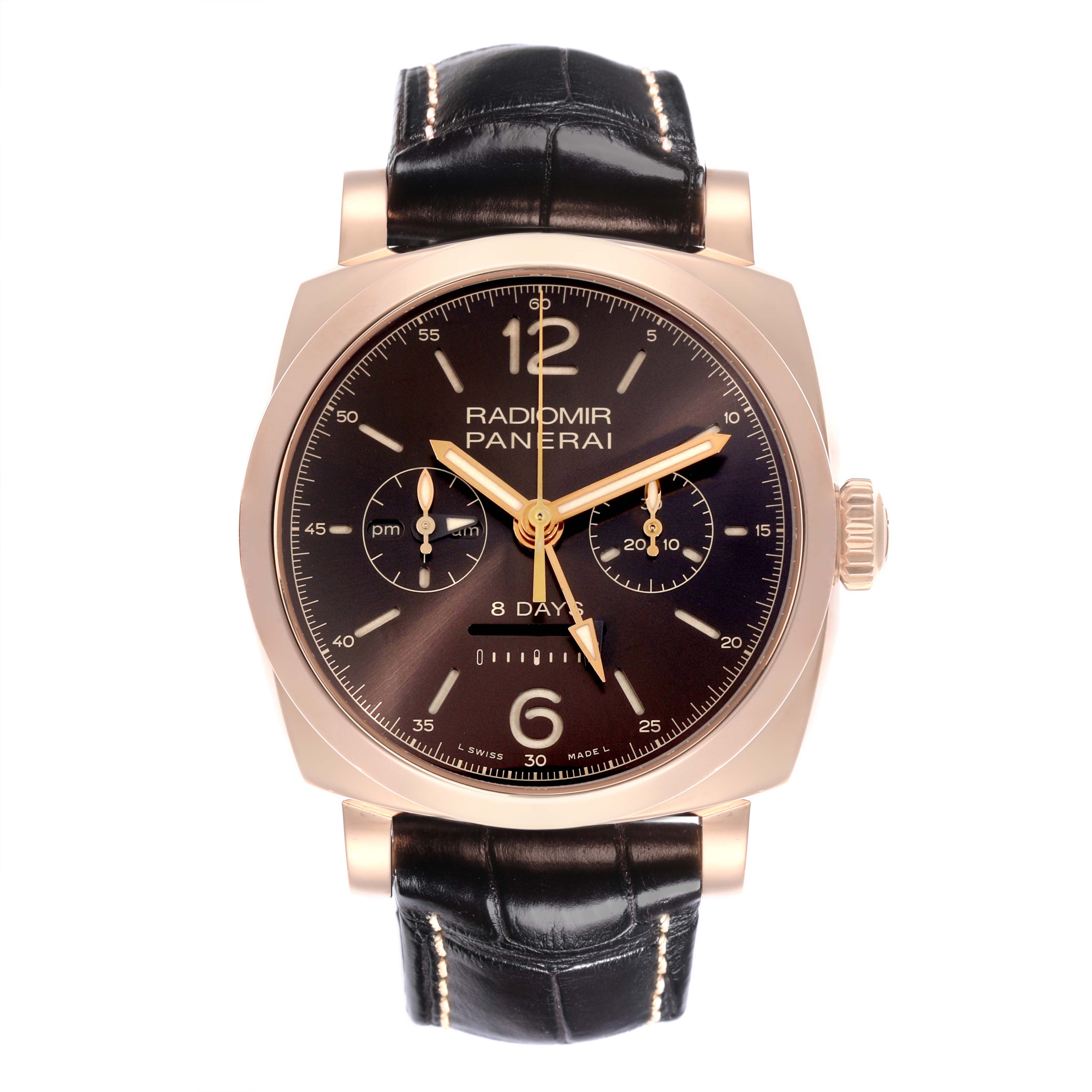The Panerai Radiomir PAM00502 Men's Rose Gold Brown Dial PAM00502 Men's Rose Gold Brown Dial watch is shown from a top-down angle, displaying its face, hands, and leather strap.