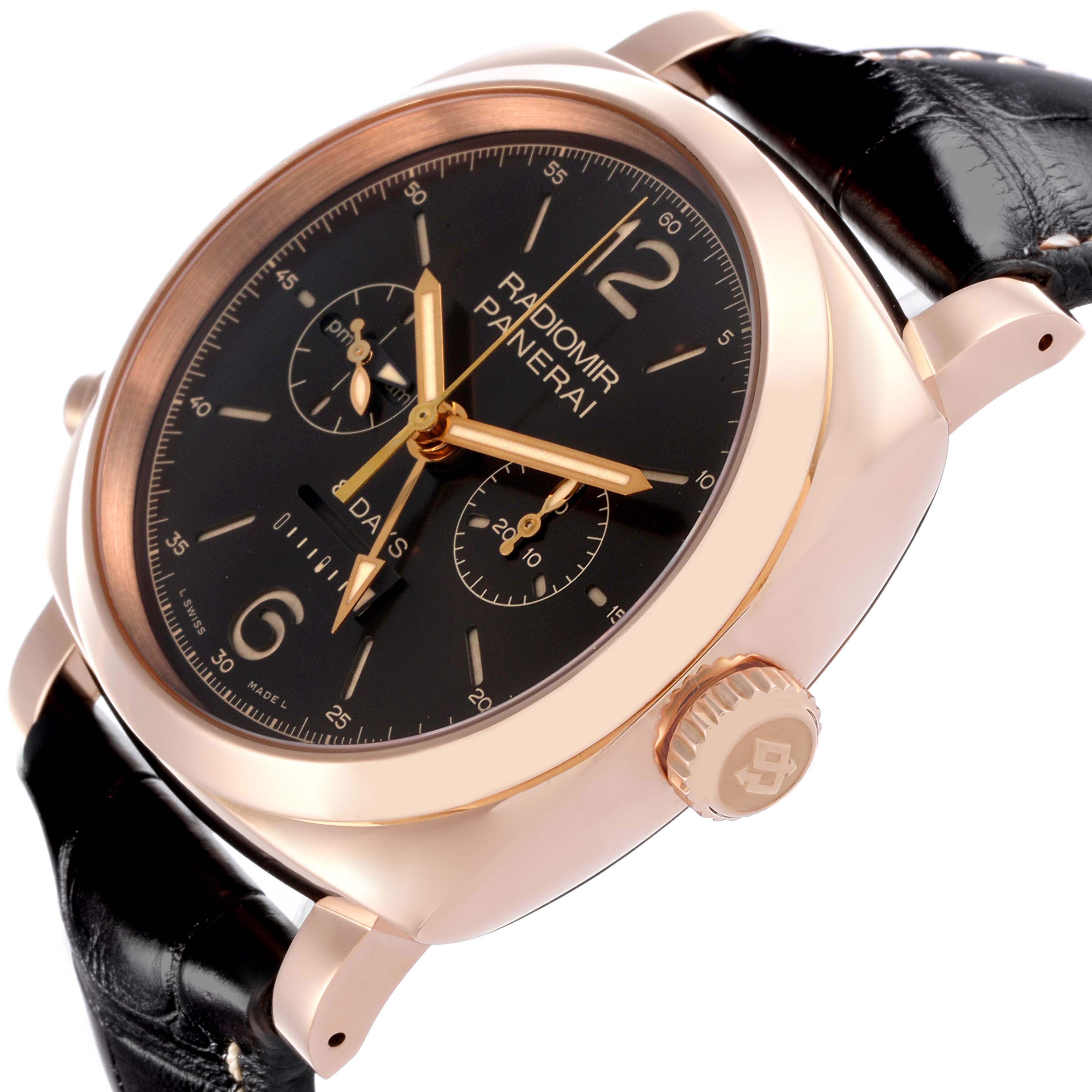 The watch is a Panerai Radiomir PAM00502 Men's Rose Gold Brown Dial PAM00502 Men's Rose Gold Brown Dial, shown at a slight angle highlighting the face, crown, and leather strap.