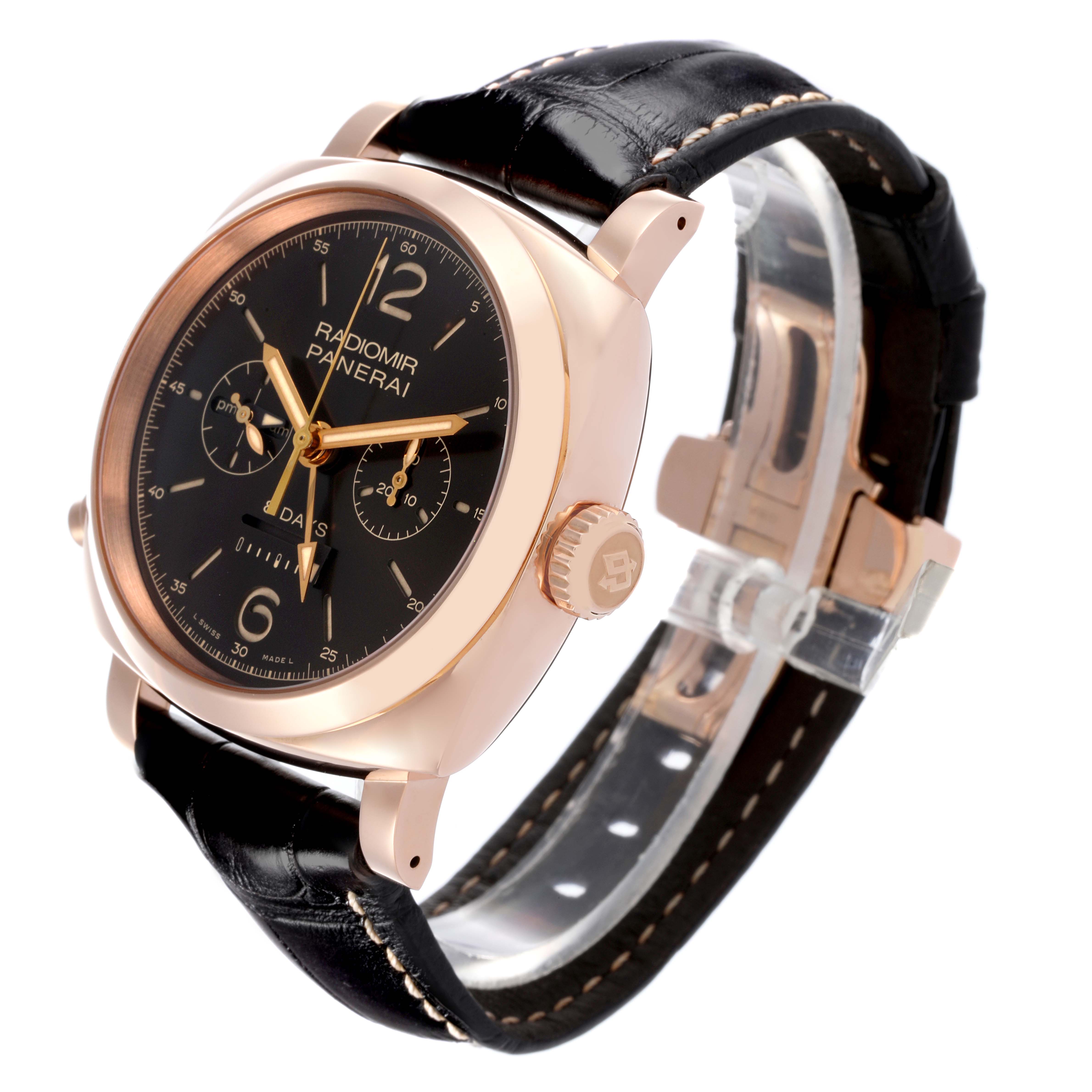 The watch is a Panerai Radiomir PAM00502 Men's Rose Gold Brown Dial PAM00502 Men's Rose Gold Brown Dial model shown from a side angle, highlighting its dial, crown, and leather strap.