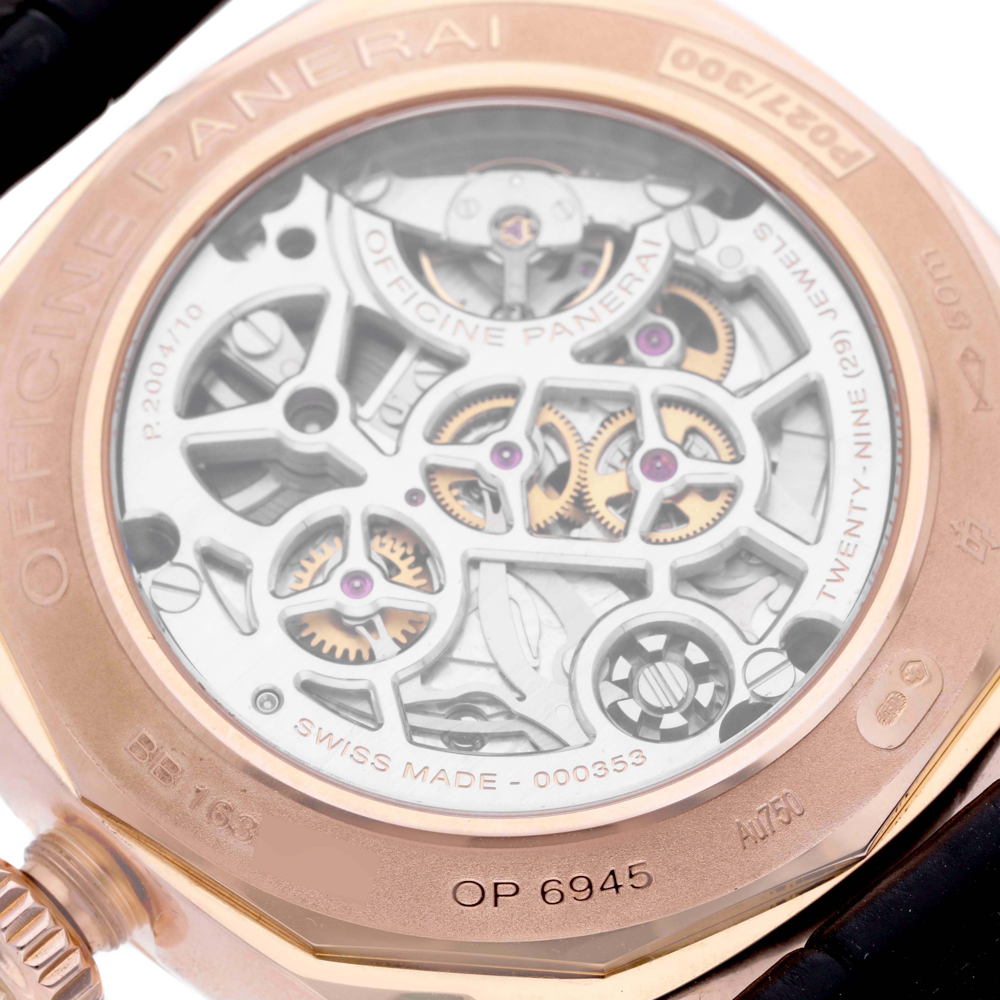 This image shows the back view of a Panerai Radiomir PAM00502 Men's Rose Gold Brown Dial PAM00502 Men's Rose Gold Brown Dial watch, highlighting the intricate mechanical movement and engravings.