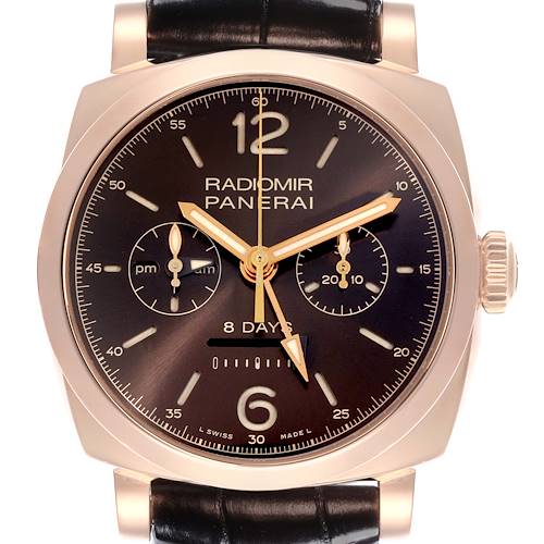 The image shows a front view of the Panerai Radiomir watch, highlighting its dial, subdials, and leather strap.