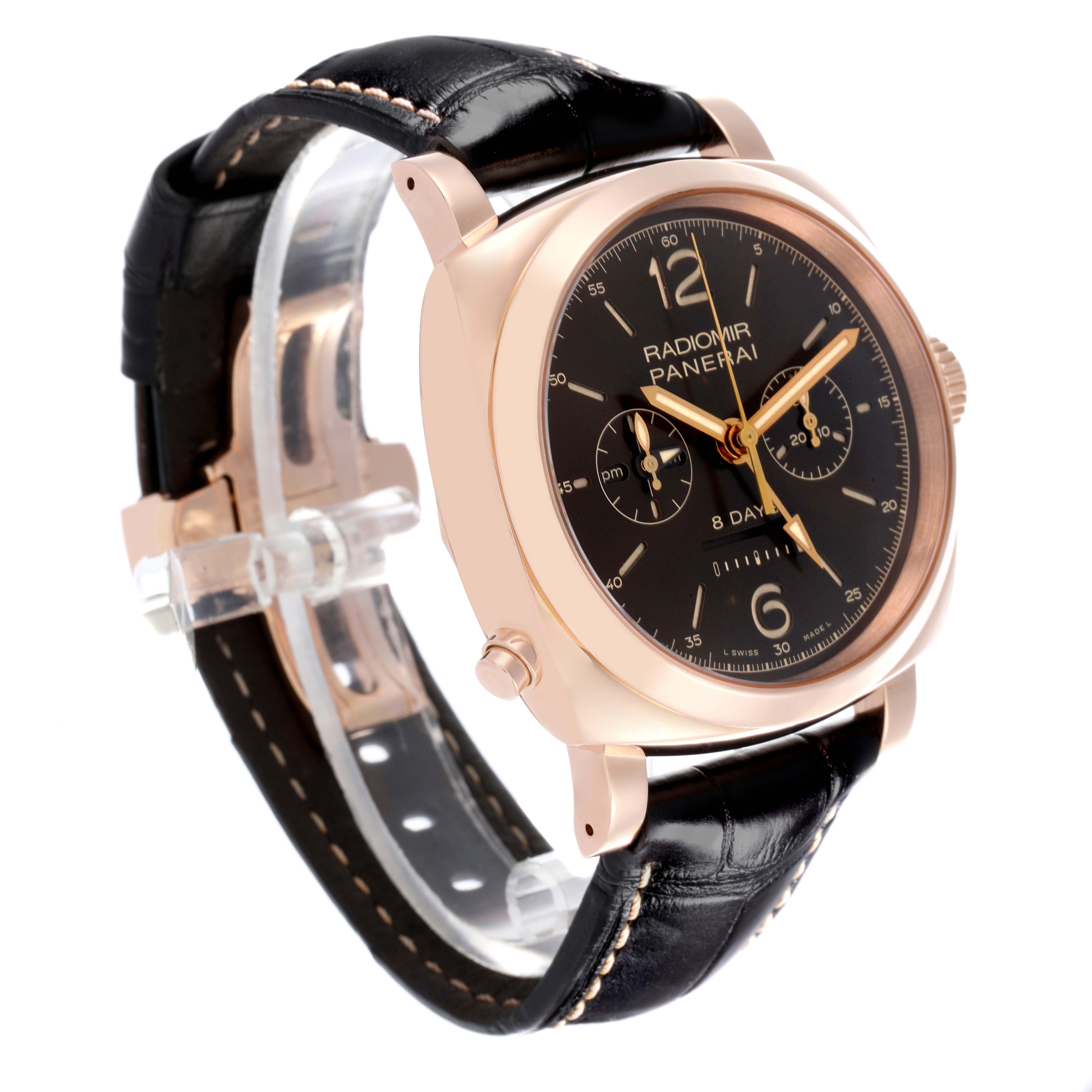 The image shows a Panerai Radiomir PAM00502 Men's Rose Gold Brown Dial PAM00502 Men's Rose Gold Brown Dial watch from a three-quarter angle, highlighting the dial, case, crown, and leather strap.