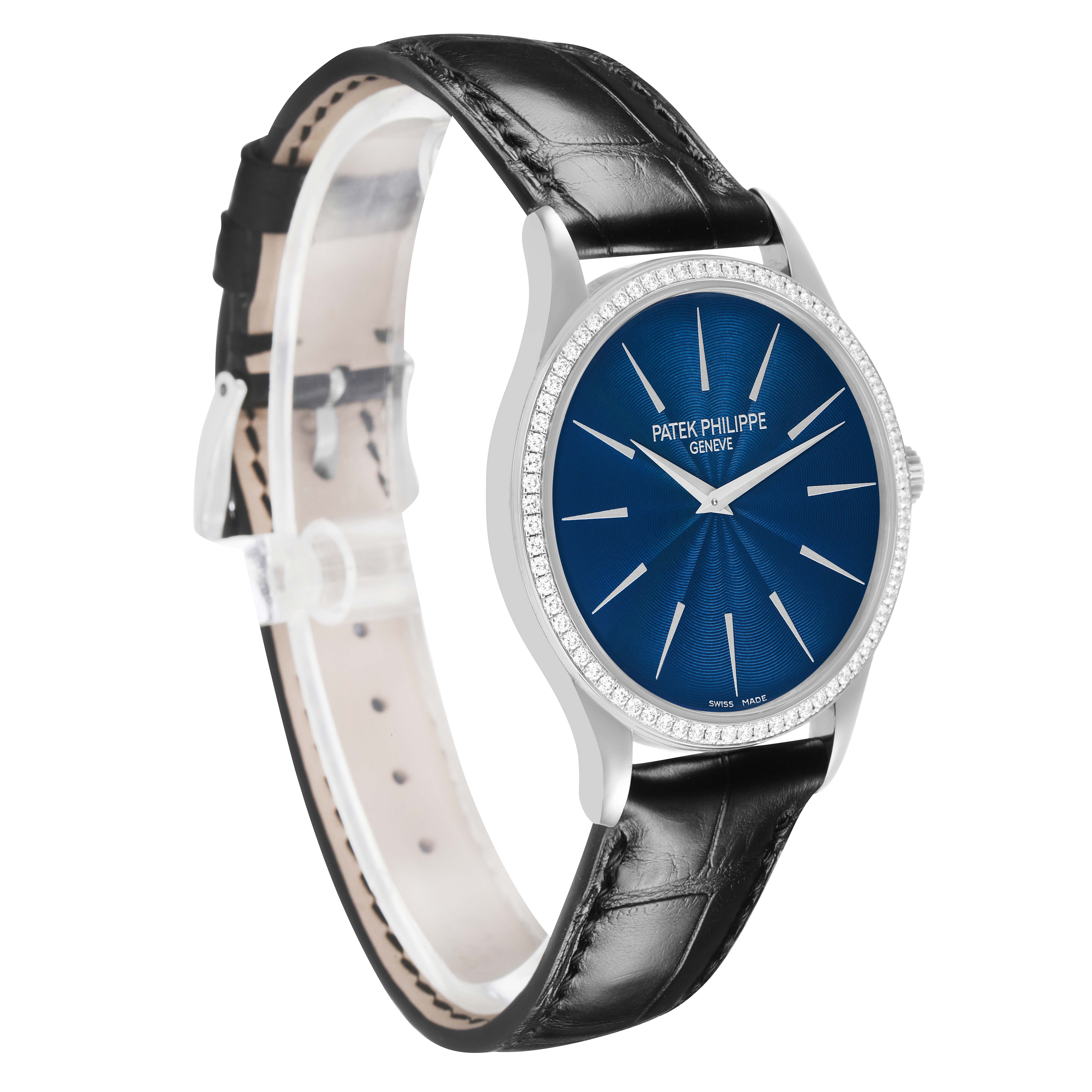 The image shows a Patek Philippe Calatrava 4897G Women's White Gold Blue Dial watch at a three-quarter angle, highlighting its blue dial, diamond bezel, and black leather strap.