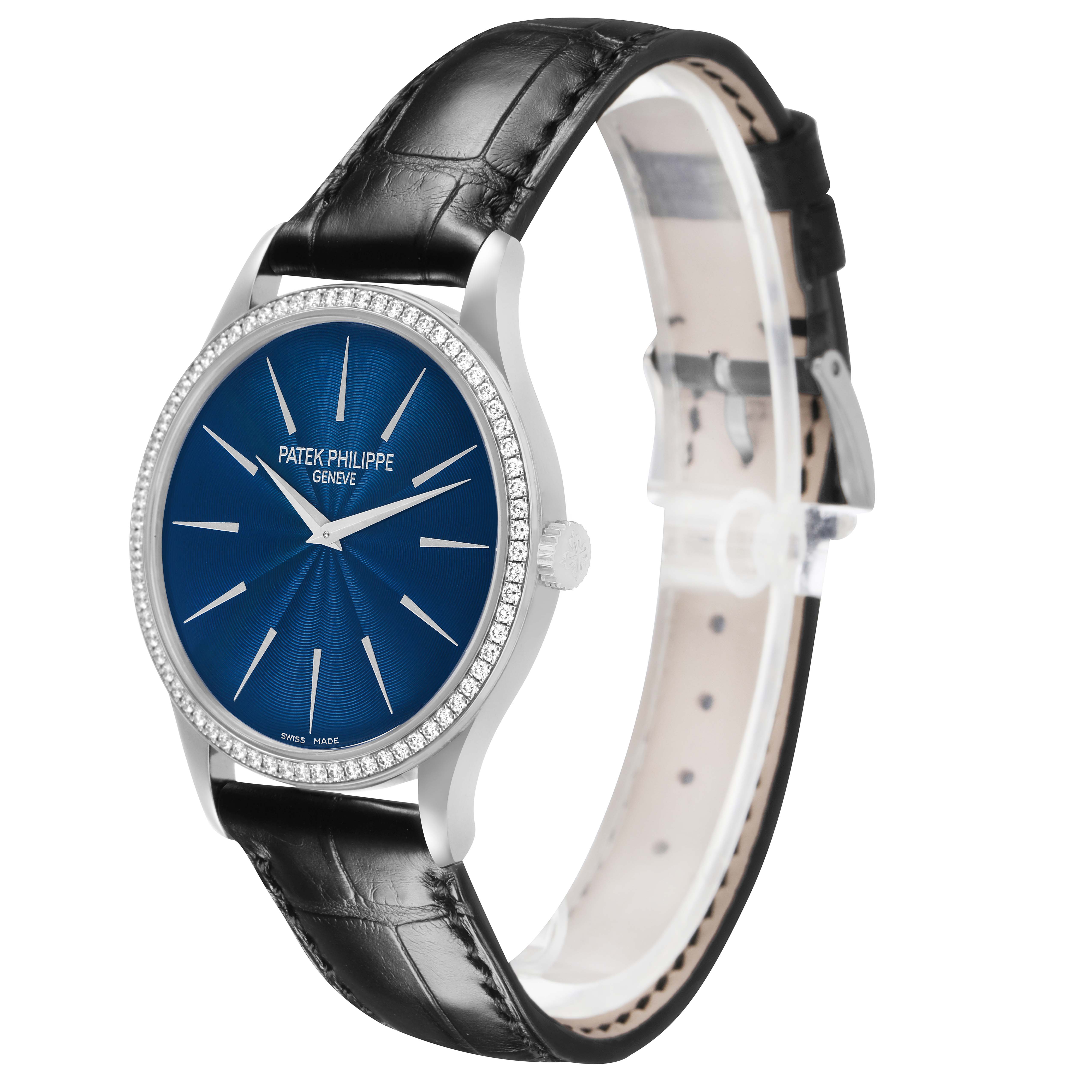 The Patek Philippe Calatrava 4897G Women's White Gold Blue Dial watch is shown at a three-quarter angle, highlighting its blue dial, diamond bezel, and black leather strap.