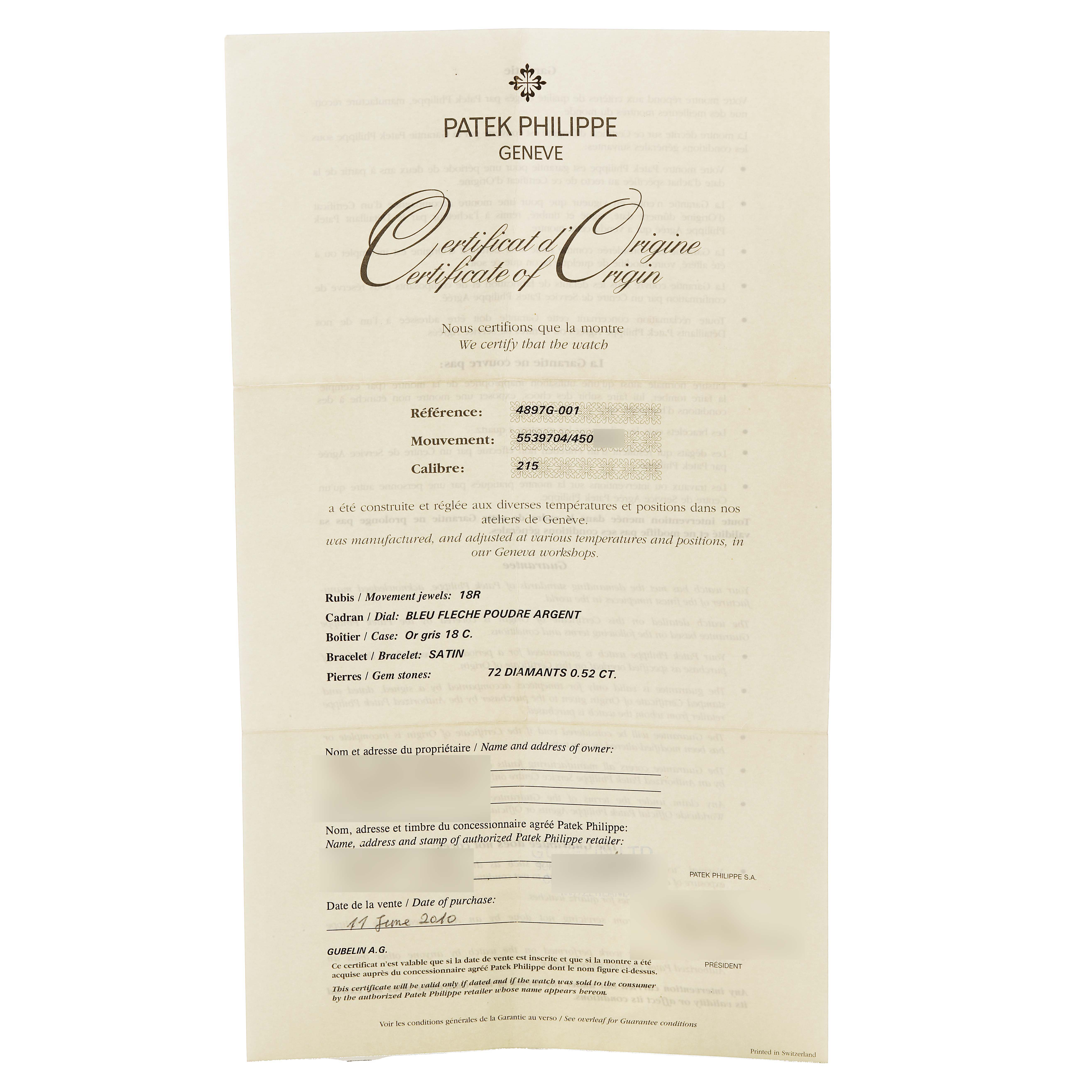 This image shows the Certificate of Origin for a Patek Philippe Calatrava 4897G Women's White Gold Blue Dial watch.