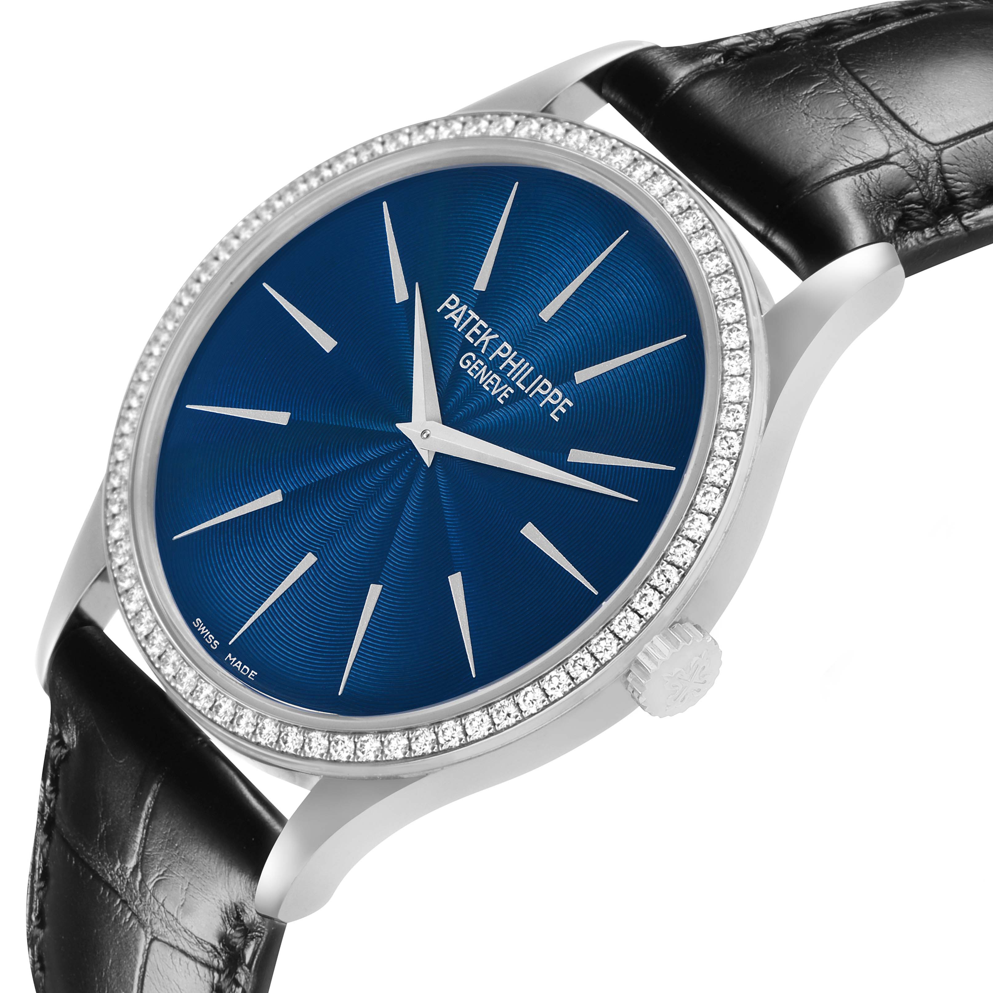 The Patek Philippe Calatrava 4897G Women's White Gold Blue Dial watch is shown at a slight angle, highlighting the blue dial, diamond bezel, and black leather strap.