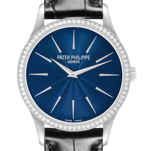 The Patek Philippe Calatrava 4897G Women's White Gold Blue Dial watch shown features a blue dial, diamond bezel, and leather strap, captured from the front.