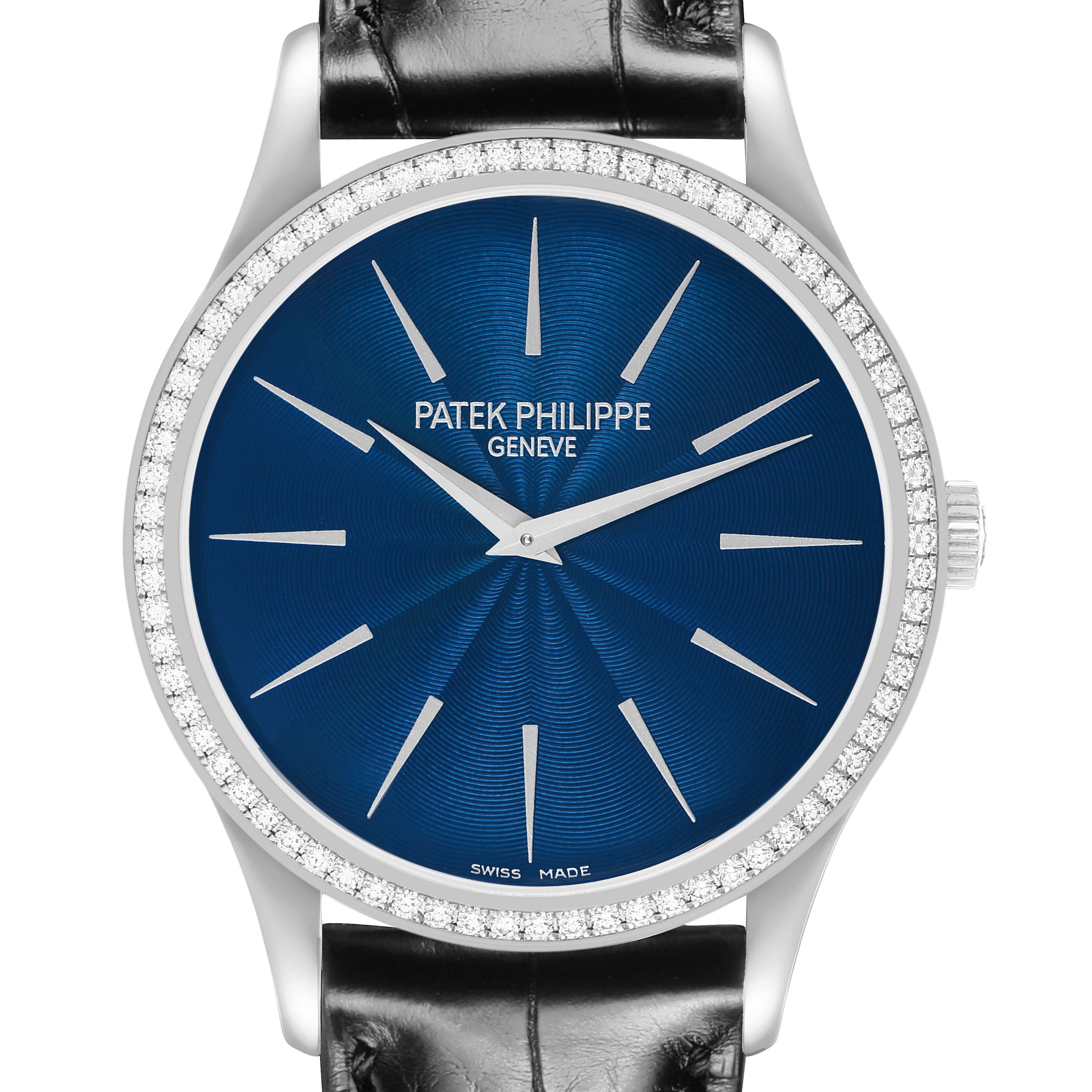 The Patek Philippe Calatrava 4897G Women's White Gold Blue Dial watch is shown from the front, highlighting its blue dial, diamond bezel, and leather strap.