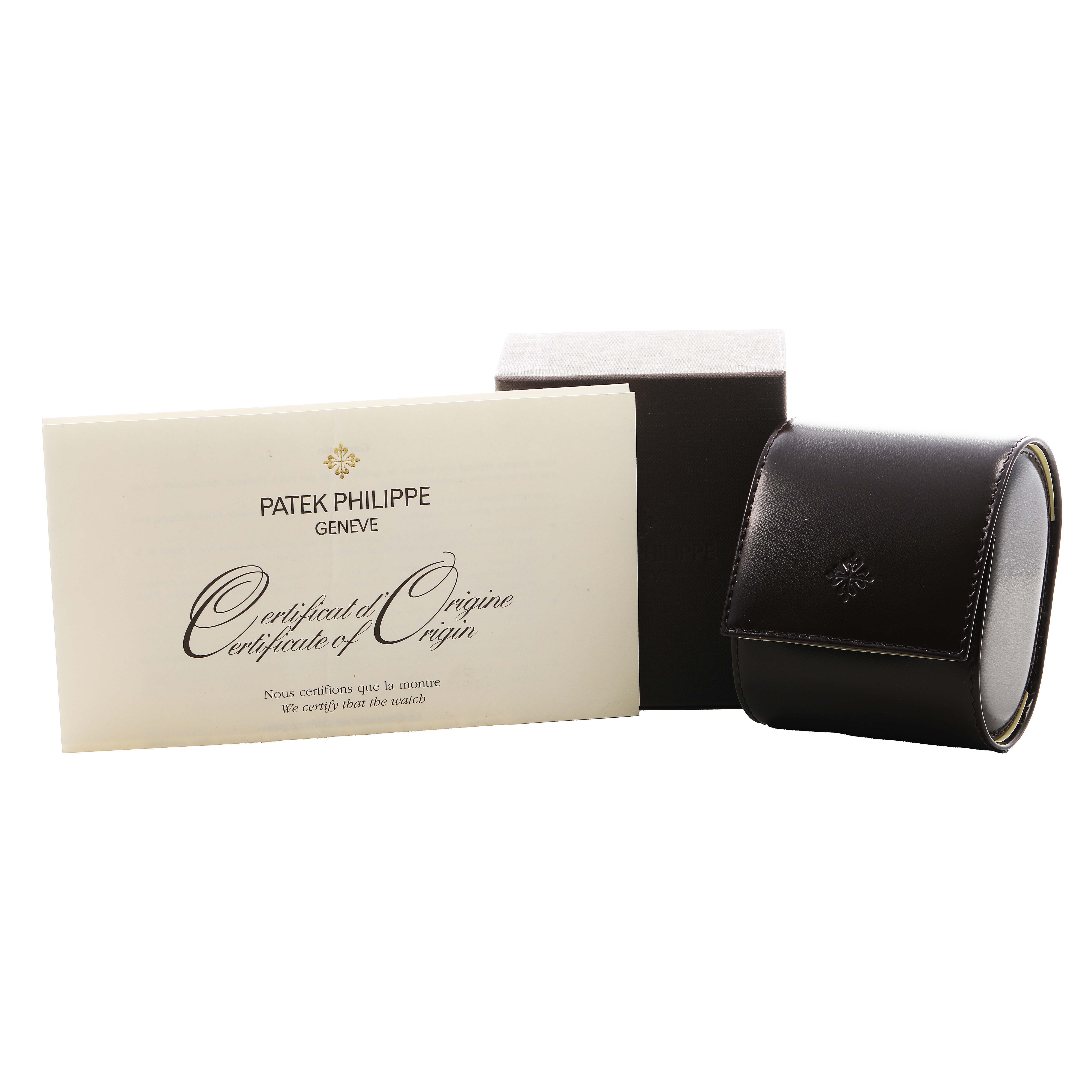 The image shows a Patek Philippe Calatrava 4897G Women's White Gold Blue Dial watch certificate, box, and leather case at a frontal angle.