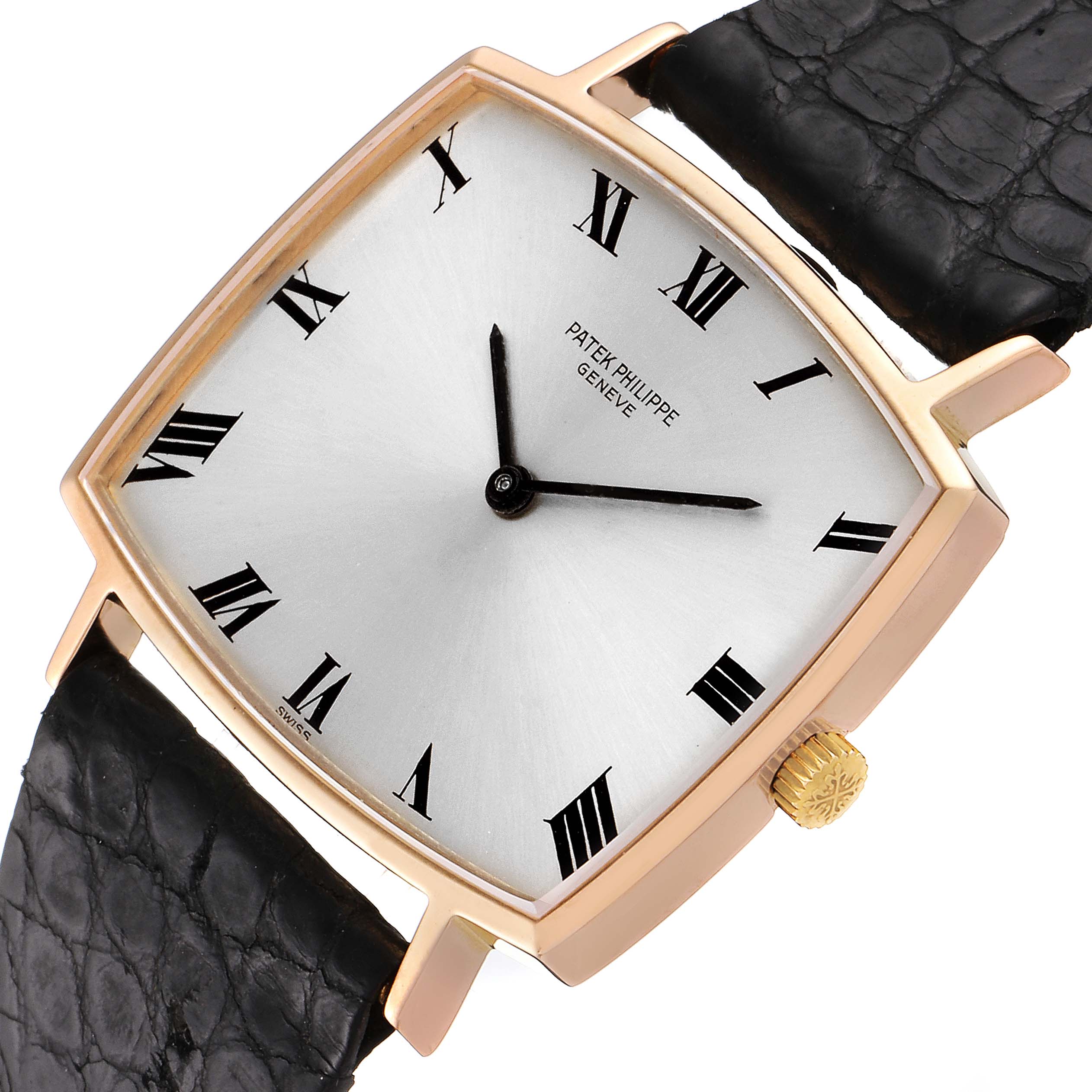 The image shows a close-up angle of a Vintage Patek Philippe watch, highlighting its square face, Roman numerals, and black leather strap.