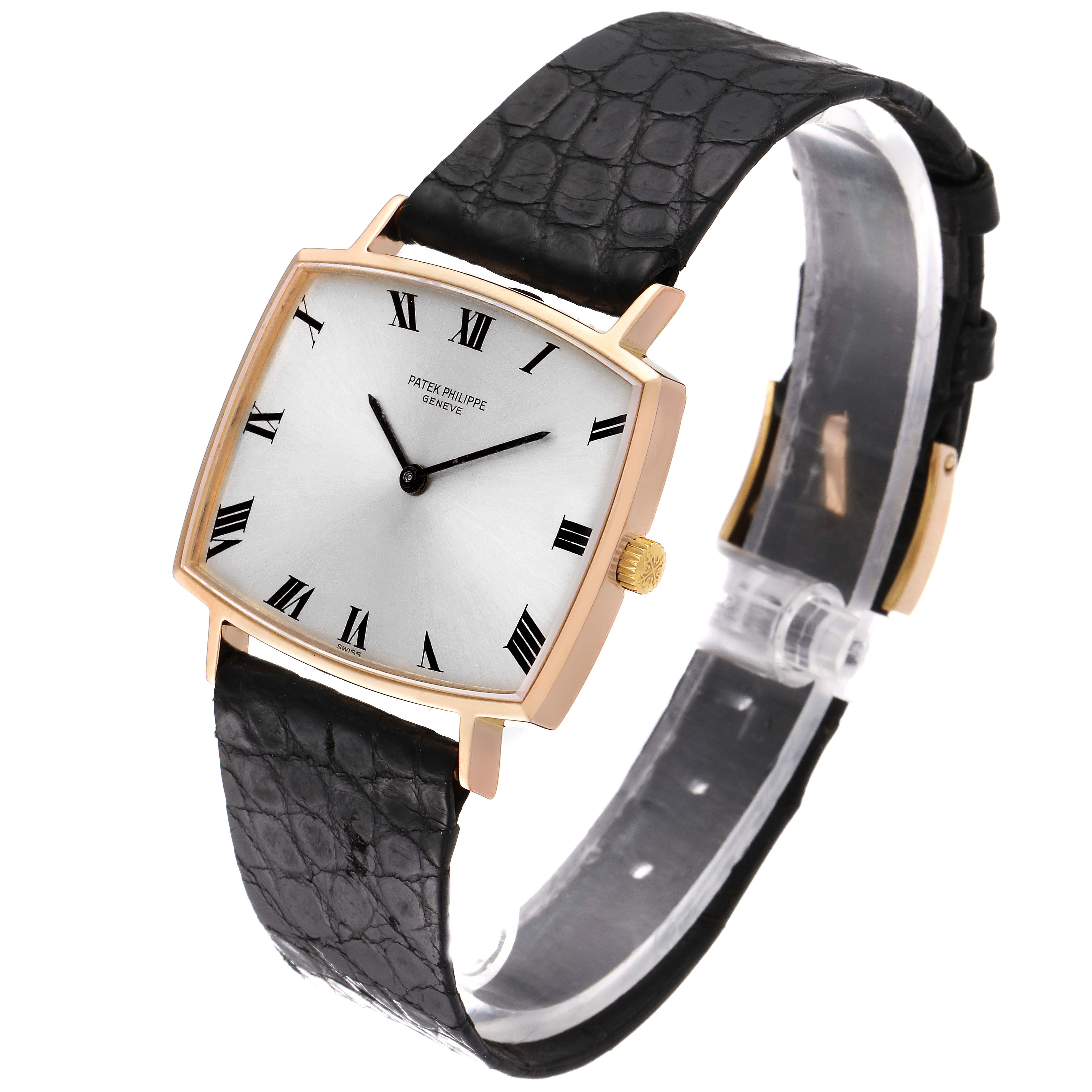 This image shows a Patek Philippe Vintage 3527 Men's Yellow Gold Silver Dial 3527 Men's Yellow Gold Silver Dial model watch at a slight angle, displaying the face, strap, and side crown.