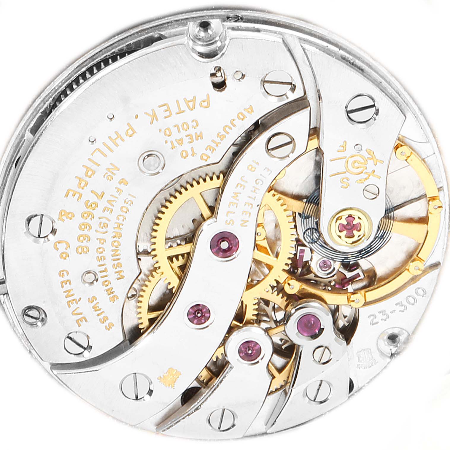 This image shows the inner mechanical movement of a vintage Patek Philippe watch model, viewed from the back.
