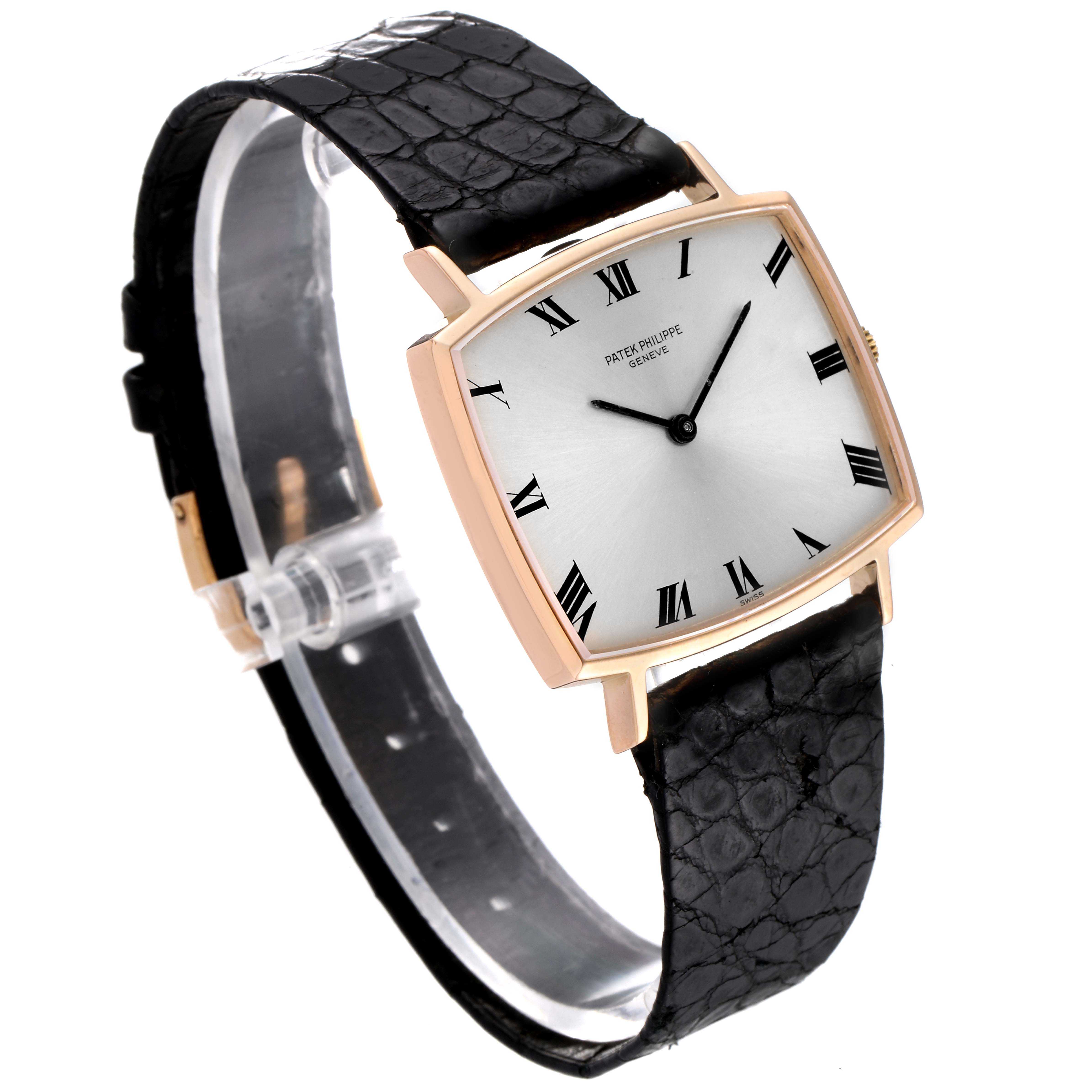 The Patek Philippe Vintage 3527 Men's Yellow Gold Silver Dial 3527 Men's Yellow Gold Silver Dial model is shown from a front angle, displaying the face, black leather strap, and rose gold rectangular case.