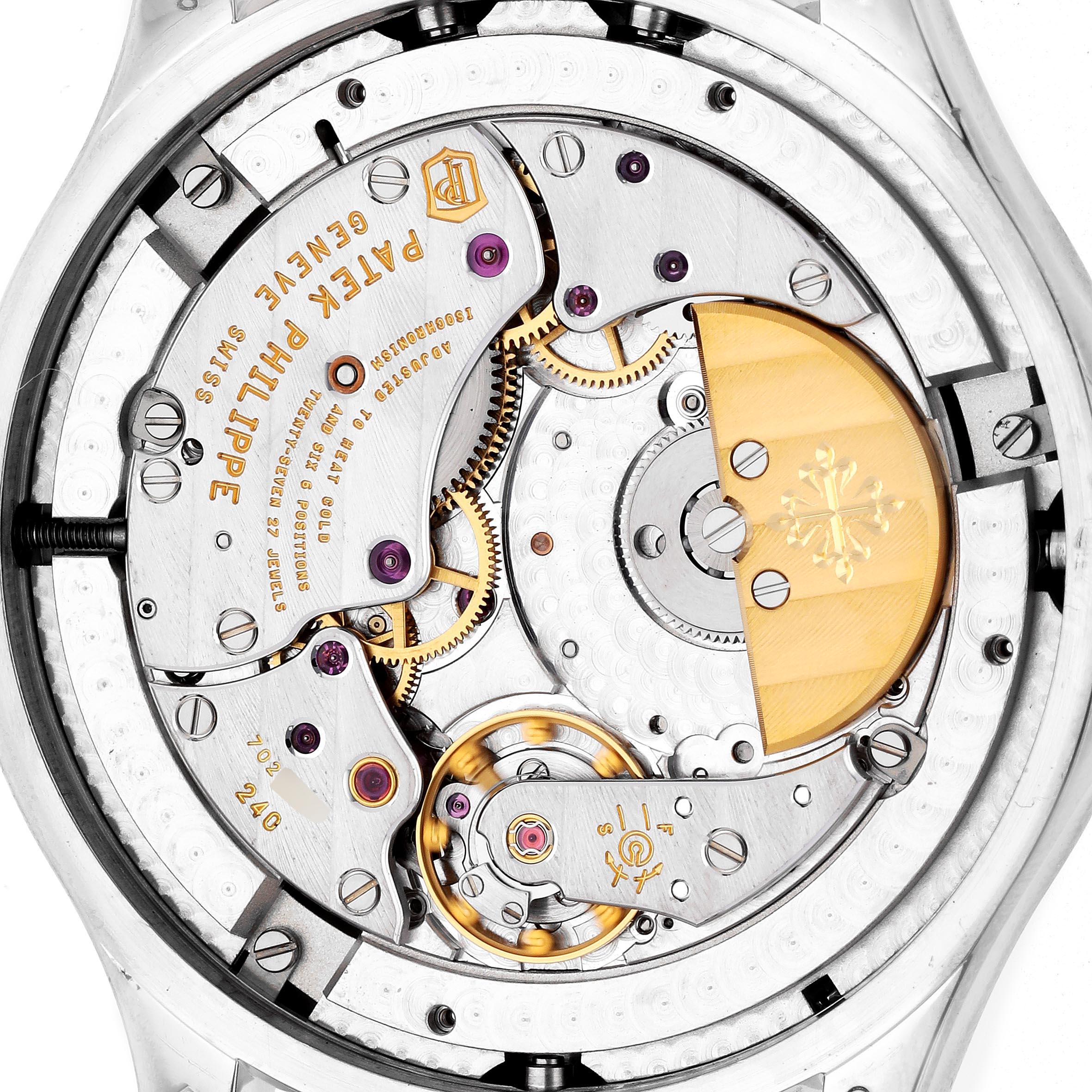 The image shows the Patek Philippe Complications 5327G-001 Men's White Gold Blue Dial 5327G-001 Men's White Gold Blue Dial watch movement from the back, highlighting its intricate mechanical components.