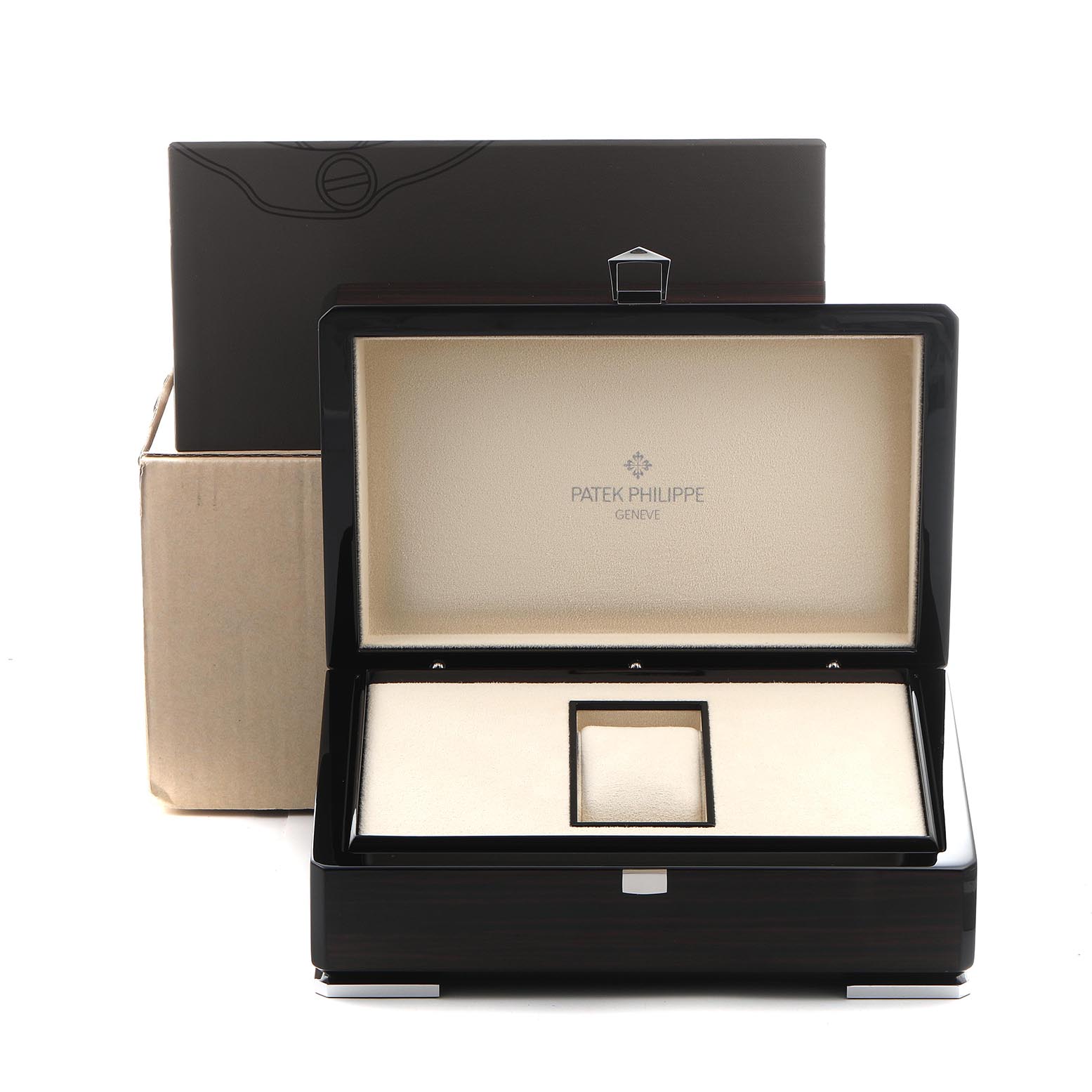 The image shows the open box for a Patek Philippe Complications 5327G-001 Men's White Gold Blue Dial 5327G-001 Men's White Gold Blue Dial model, with the branding visible inside.