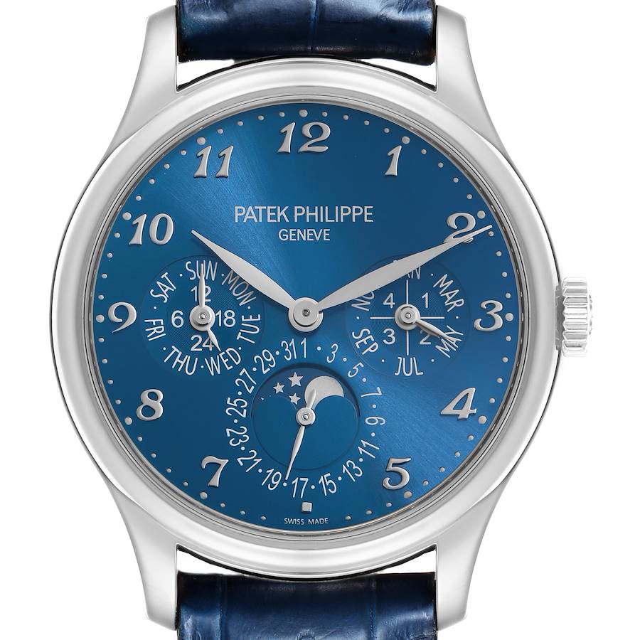 The Patek Philippe Complications watch is shown from the front, highlighting its blue dial, numerals, subdials, and moon phase display.