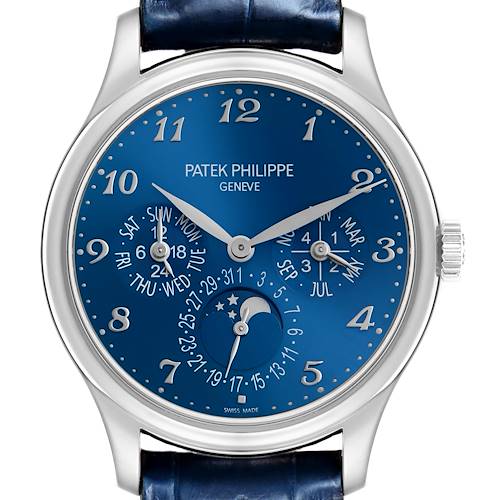 The Patek Philippe Complications 5327G-001 Men's White Gold Blue Dial watch is shown from the front, highlighting its blue dial, subdials, moon phase, and leather strap.