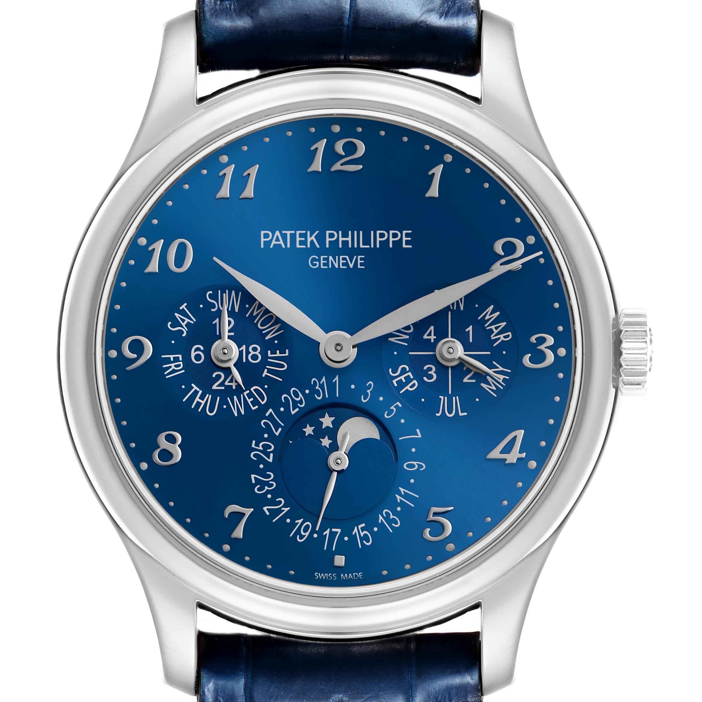 The Patek Philippe Complications 5327G-001 Men's White Gold Blue Dial watch is shown from the front, displaying the dial, hands, and complications in detail.