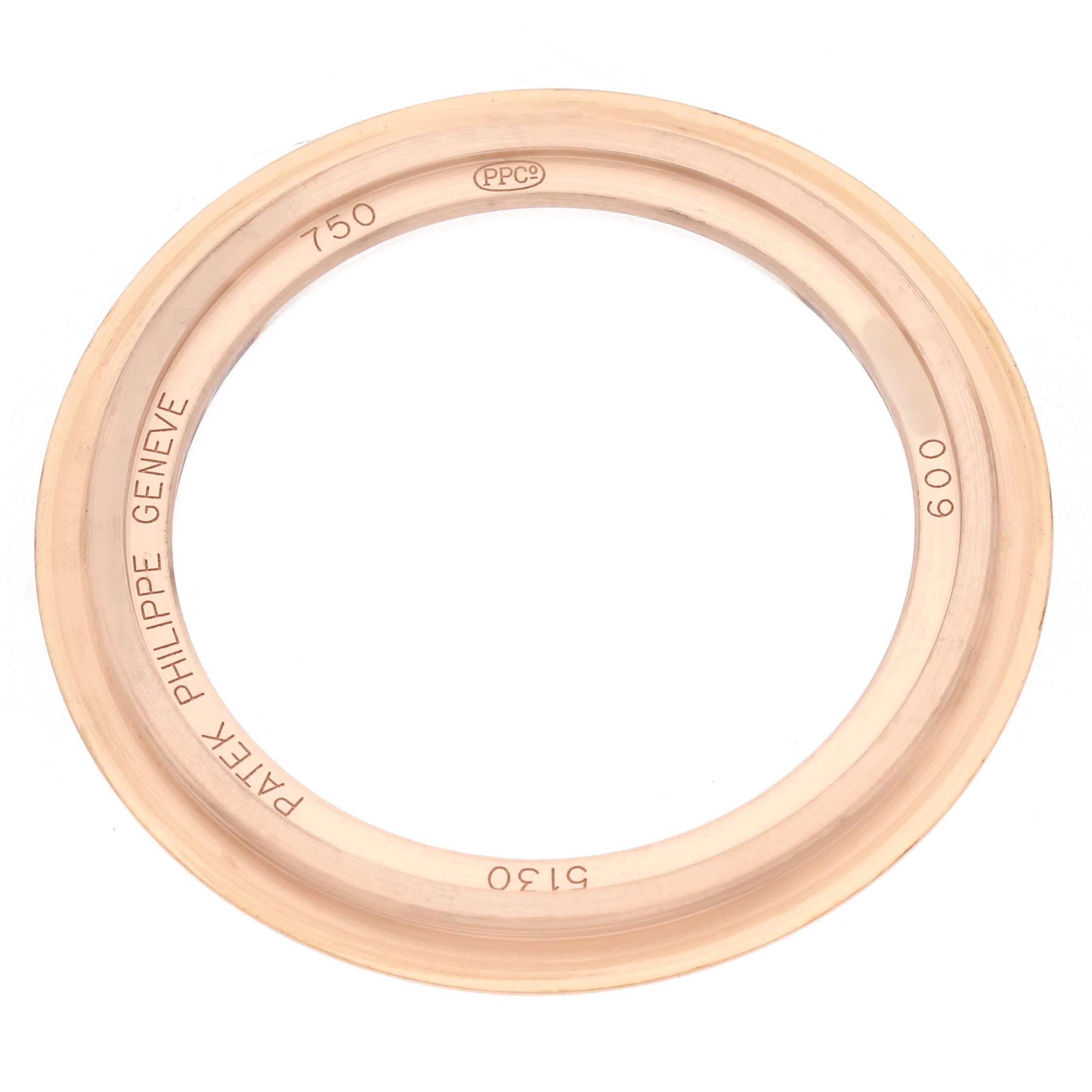 The image shows a top-down view of a watch bezel for a Patek Philippe Complications 5130R Men's Rose Gold Silver Dial model.